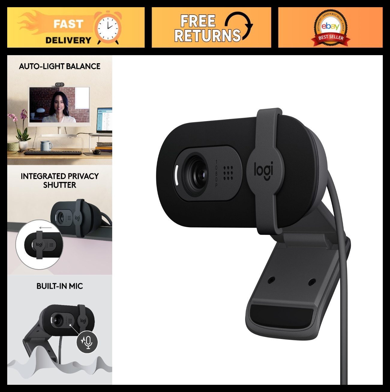 Full HD 1080p Webcam for Streaming & Meetings - Auto Light, Built-in Mic, USB-A