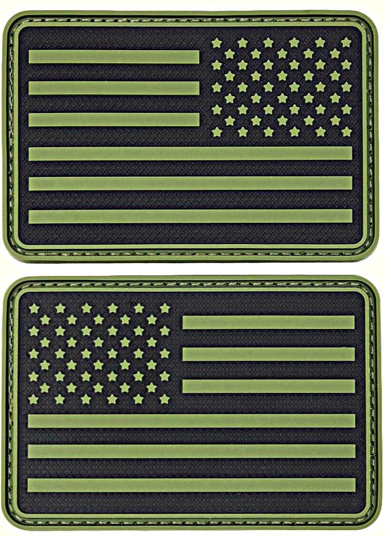 American USA Flag With Reversed PVC RUBBER PATCH ||2PC HOOK BACK OLIVE  3"x2"