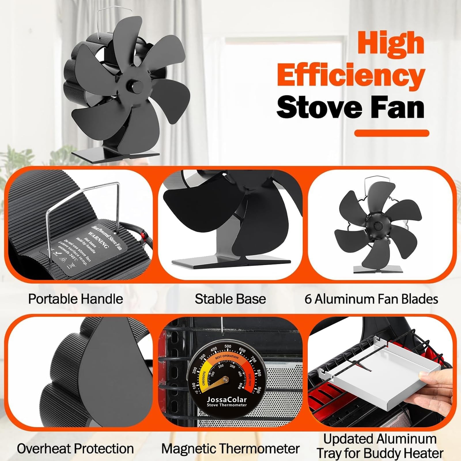 JossaColar Wood Stove Fan Heat Powered Fireplace Fan Non Electric, Thermal Fa...