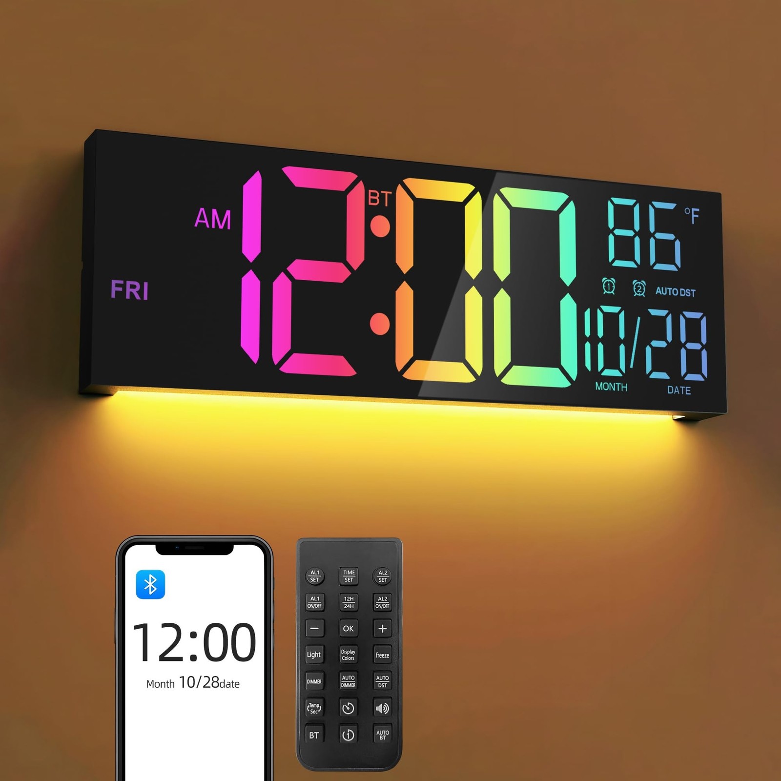 16.5" Large LED Wall Clock with Bluetooth Sync, Night Light, DST, 2 Alarms, R...