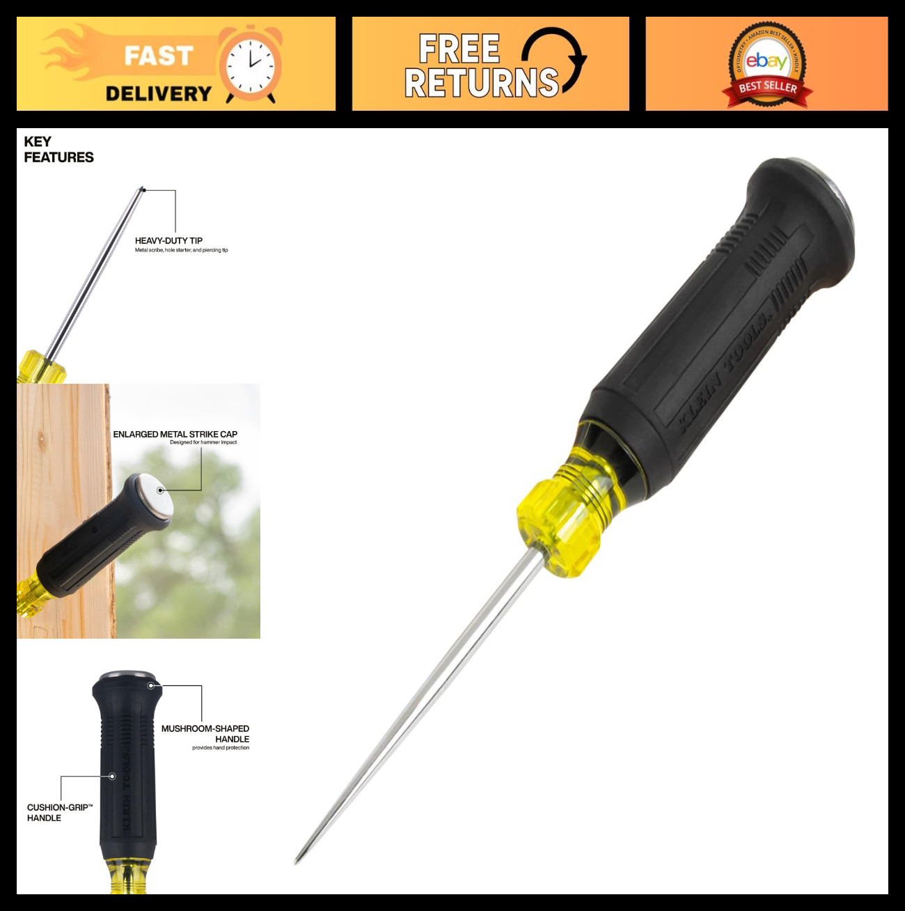 Demolition Scratch Awl - Steel Tip, Cushion Grip, Oversized Strike Cap, Piercing