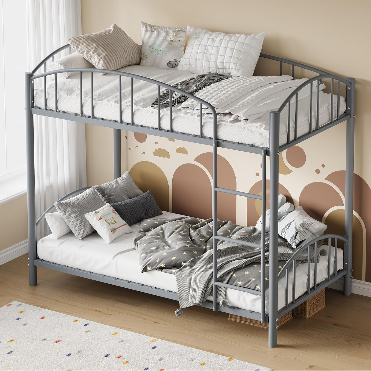 Metal Bunk Bed Twin Over Twin Heavy Duty Bunkbeds Frame Safety Ladder Gray Kids