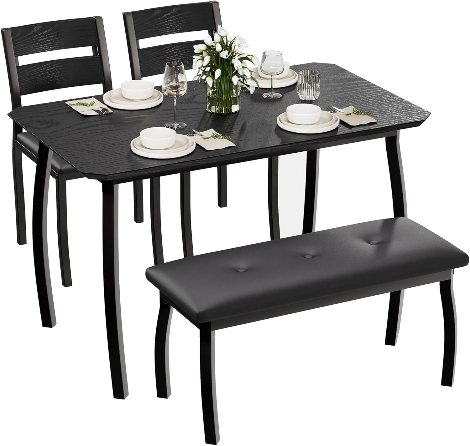 43'' Dining Table Set for 4, Wooden Kitchen Table with Upholstered Bench & 2