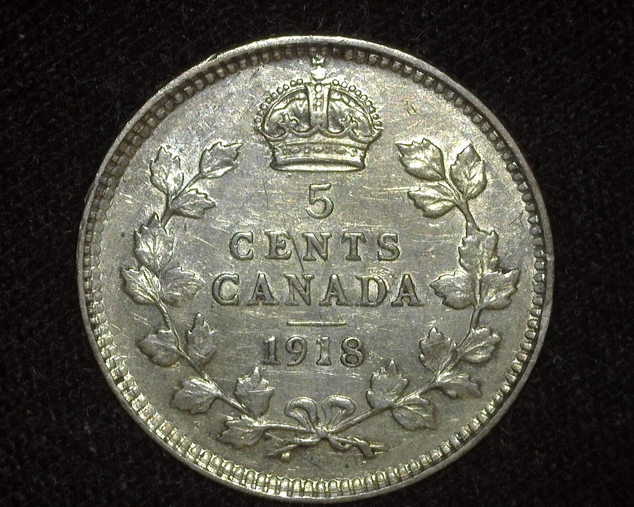 CANADA 1918 5 CENTS SILVER KM22 ABOUT UNCIRCULATED ~D50