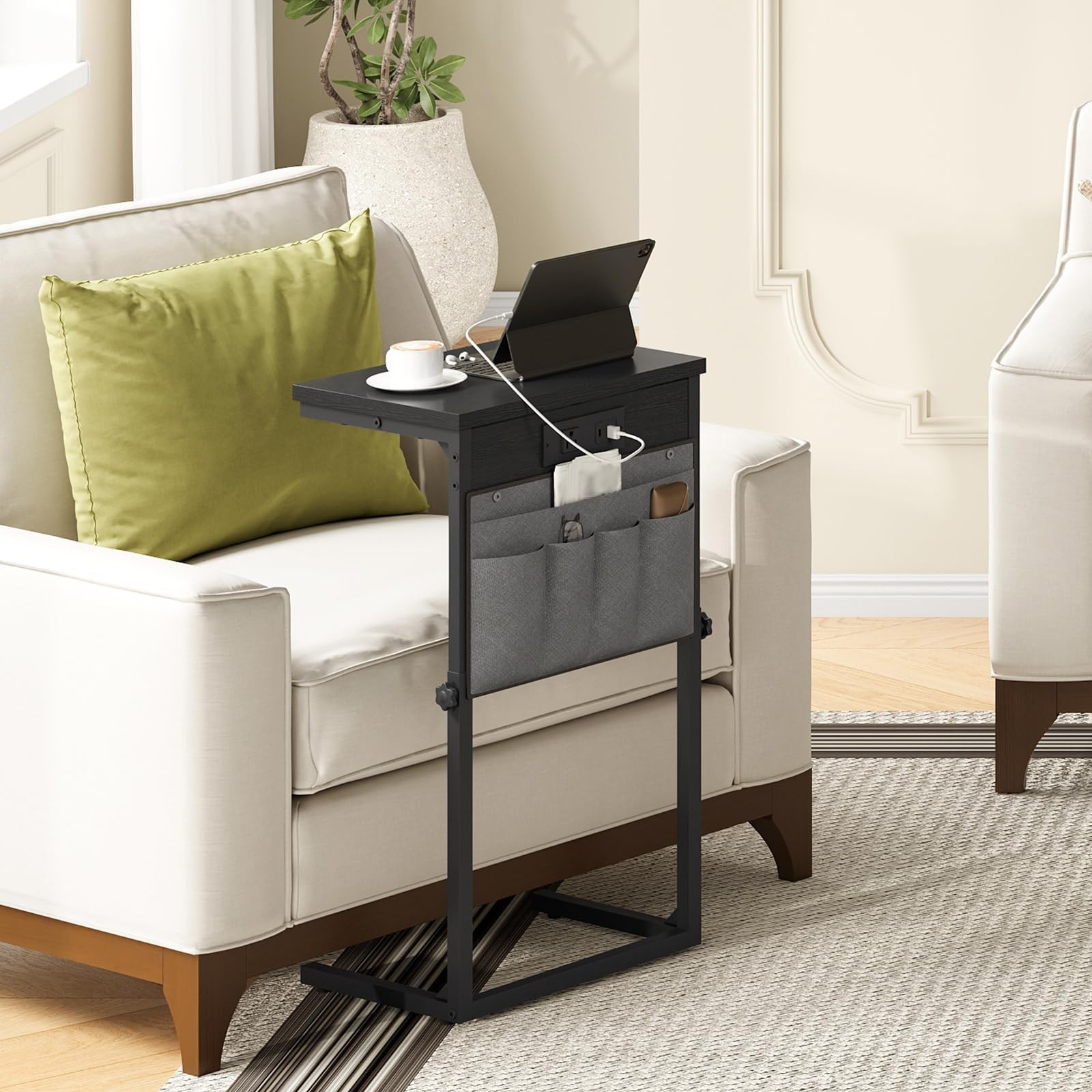 BB77USF01 Black C Shaped End Table With Charging Station Adjustable Height