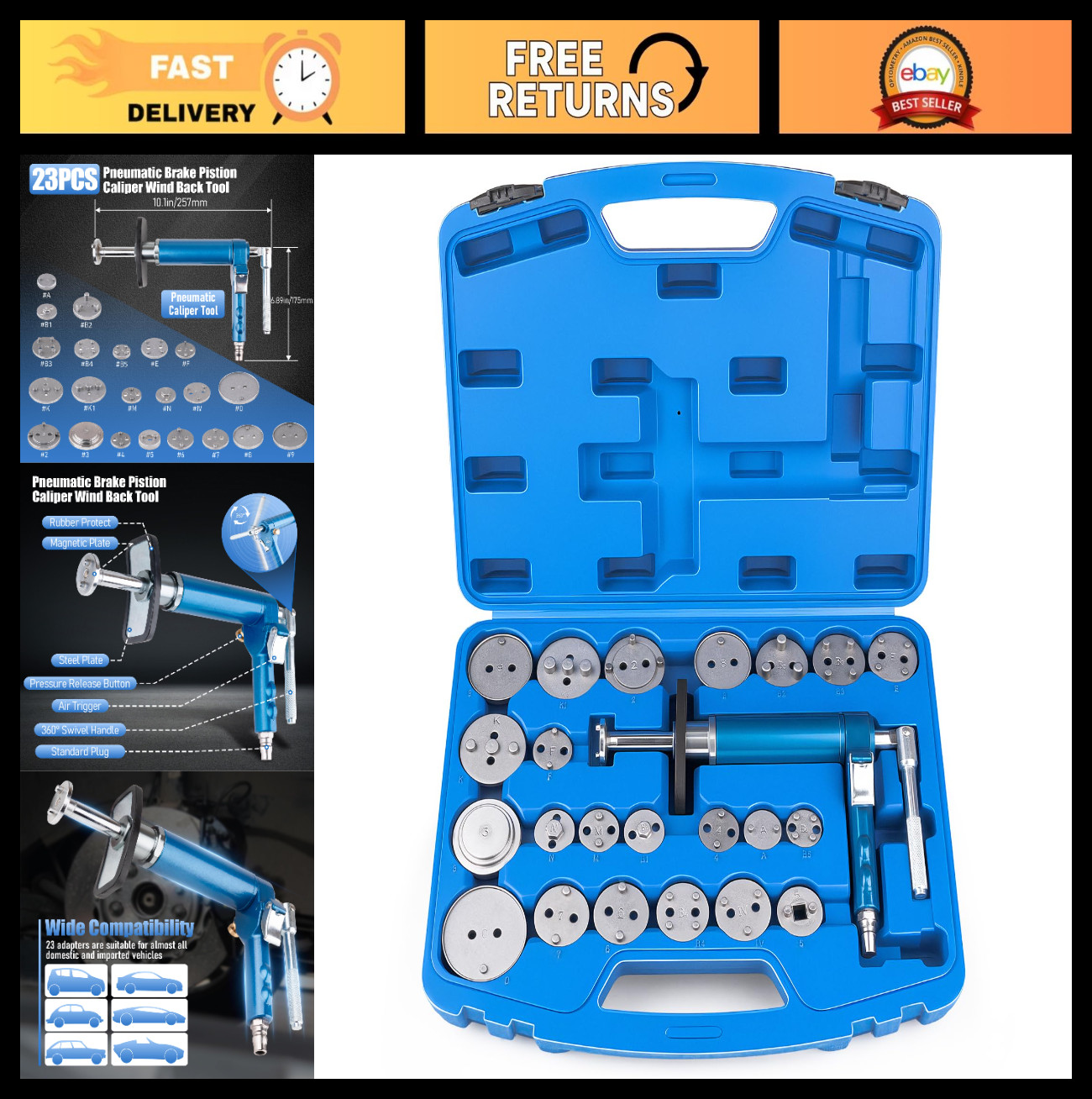 23PCS Pneumatic Brake Caliper Tool Kit, Air Brake Piston Wind Back Set for Auto