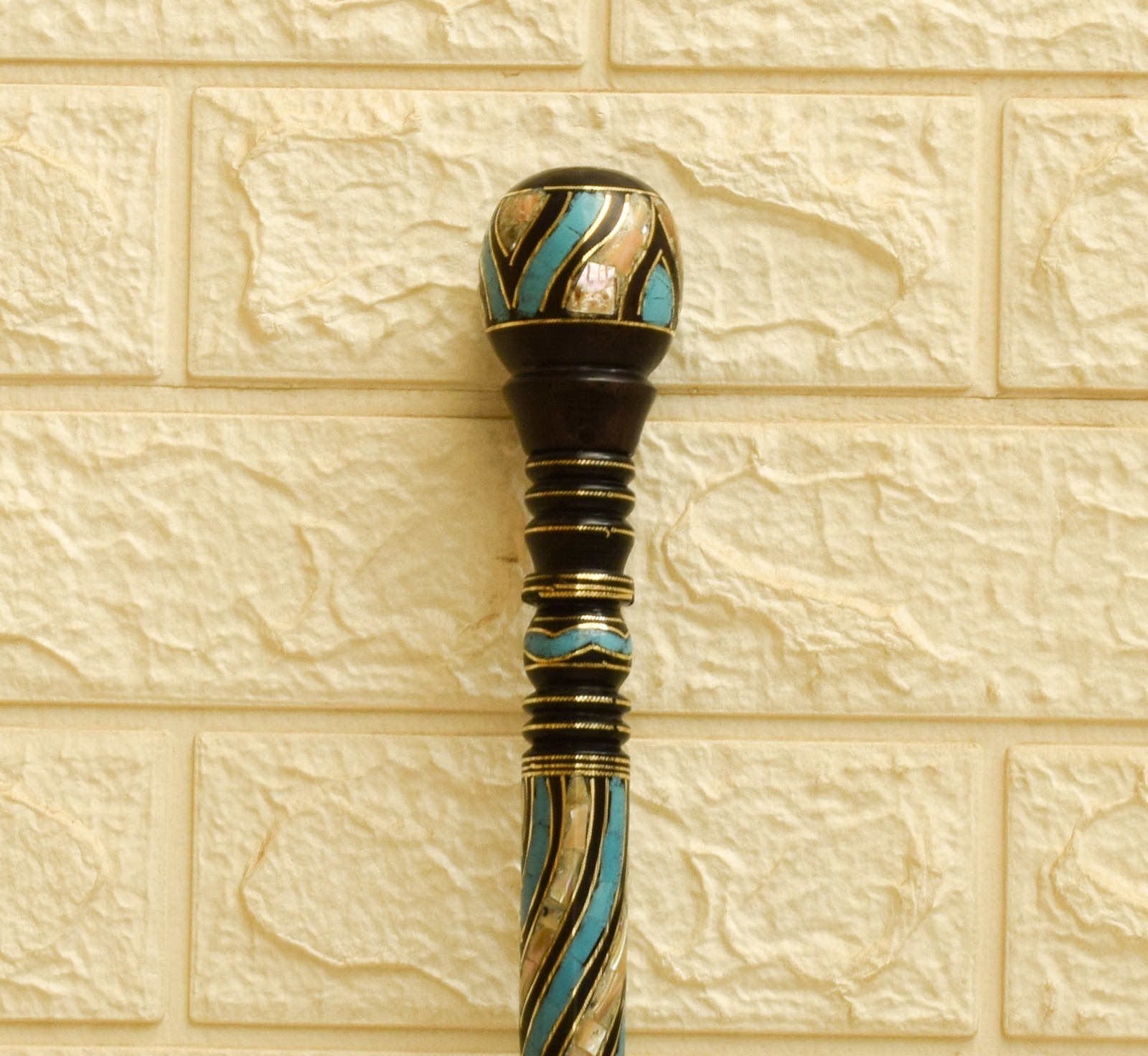 Luxury Mother of Pearl & Turquoise Inlay Walking Cane, Handmade Ebony Wood Stick