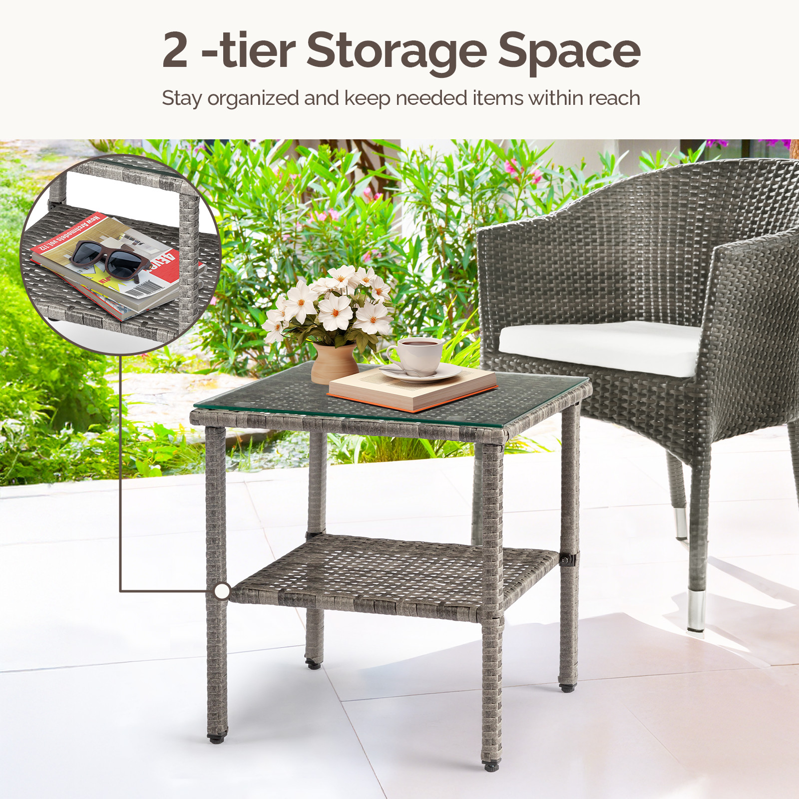 Square double layer glass tabletop gray gradient rattan