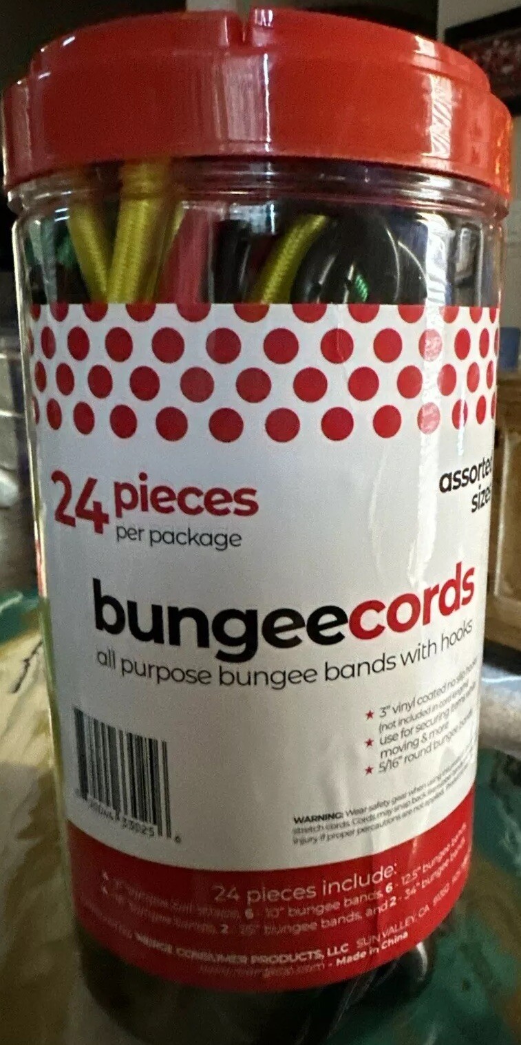24 Assorted  5/16" Round Bungee Cords/Straps With 3" Vinyl Hooks