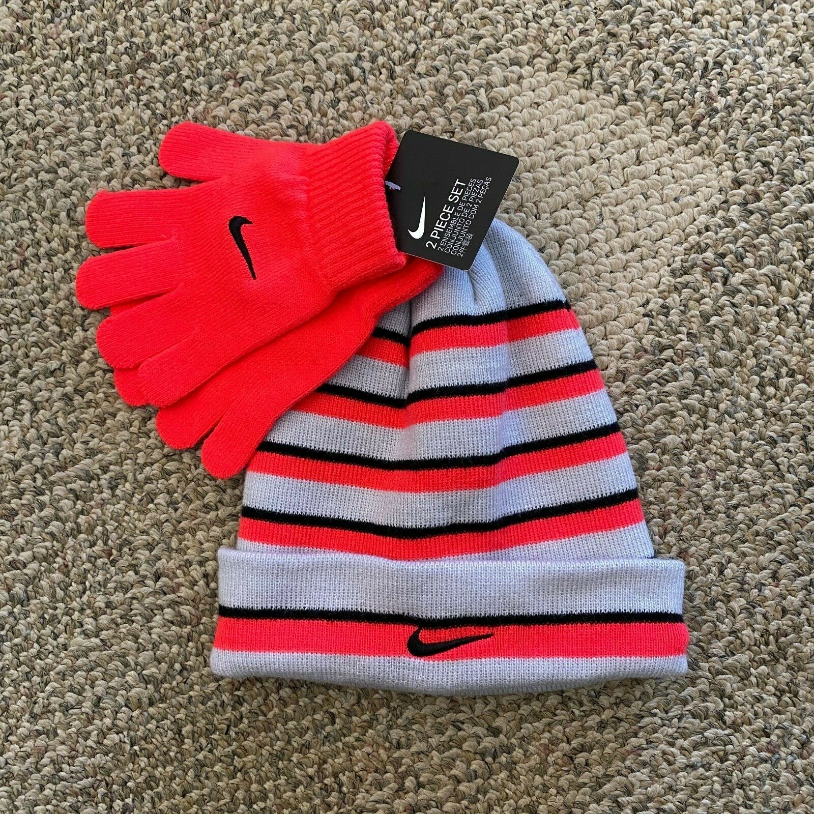 Nike 2 Piece Knit Hat Beanie Gloves Set Racer Pink Stripe Boys Girls Youth 8/20