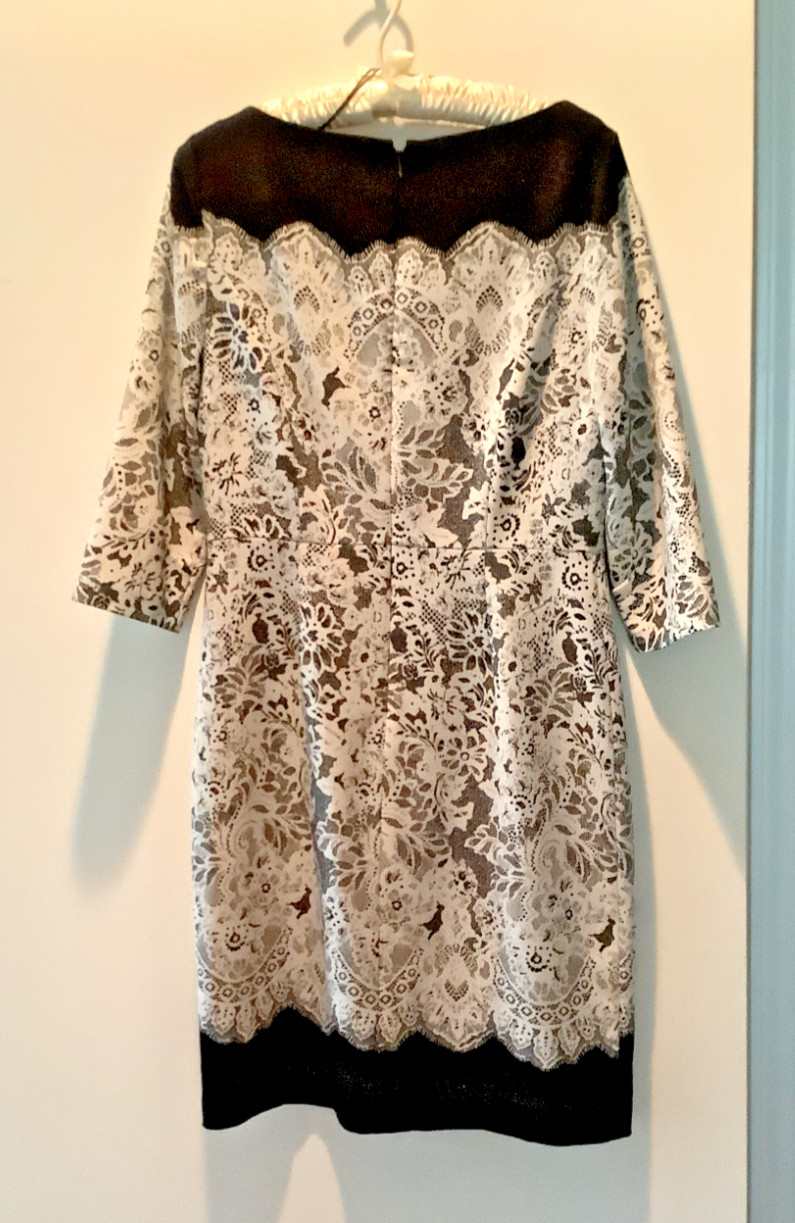 Adrianna Papell - Black and cream lace print knee-length  dress. Size 10
