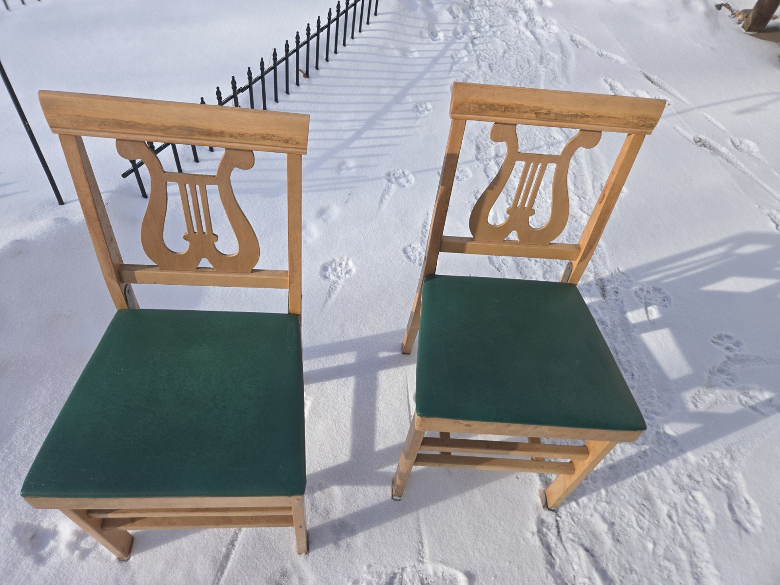 Vintage Lot 2 MCM Frankson Maple Harp Back Legomatic Folding Chair, Vinyl Seats