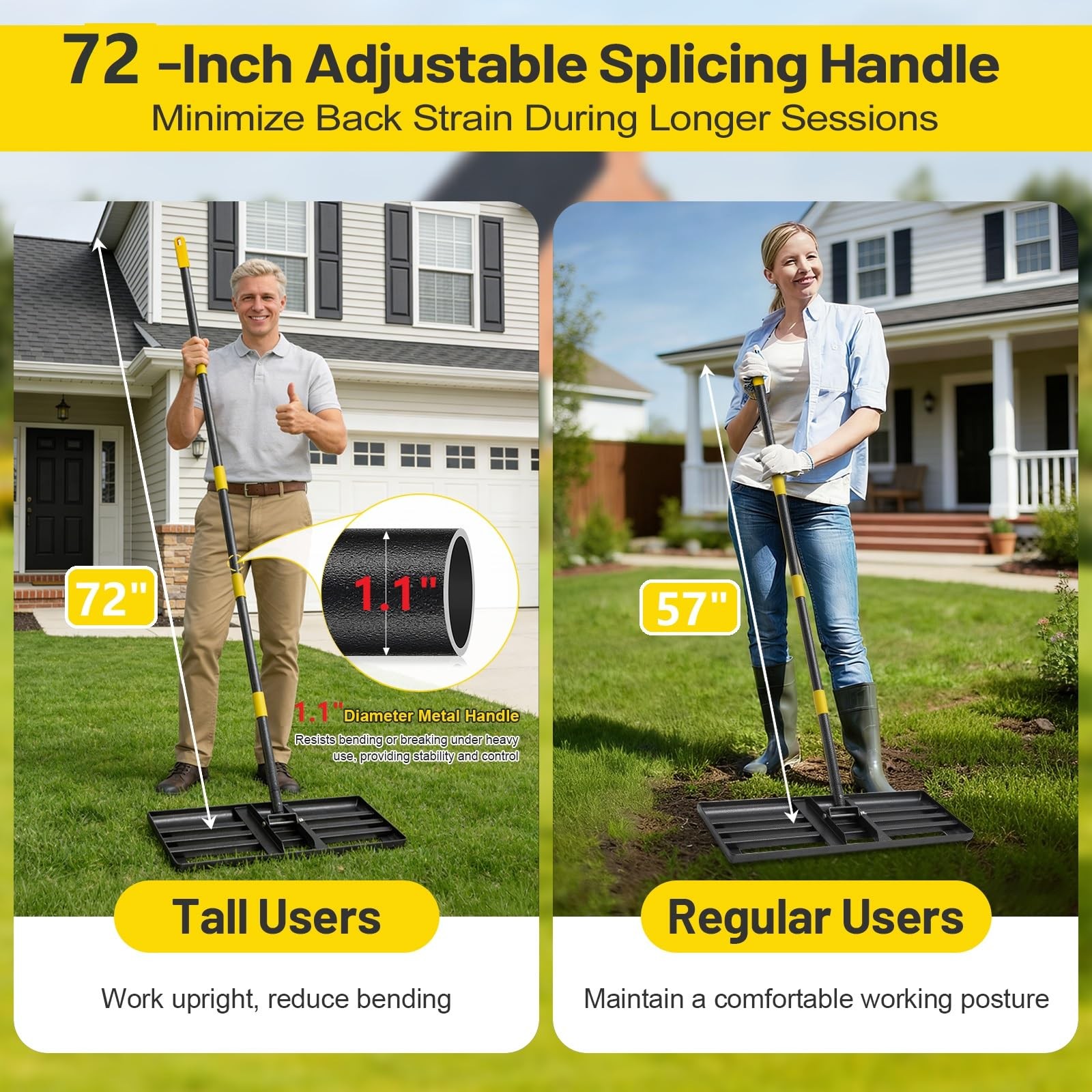 Lawn Leveling Rake with 72" Adjustable Handle for Grass, Soil & Golf Fields