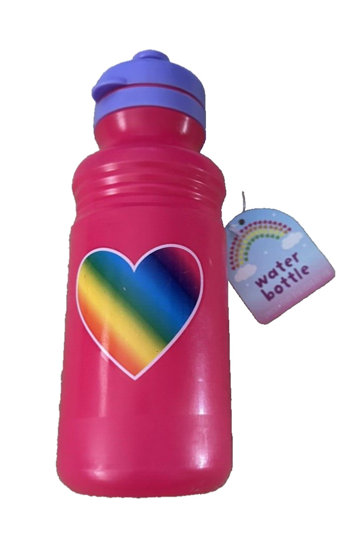 Plastic Water Bottle Heart / Rainbow Design - 17.41 fl oz - Fuschia - NEW