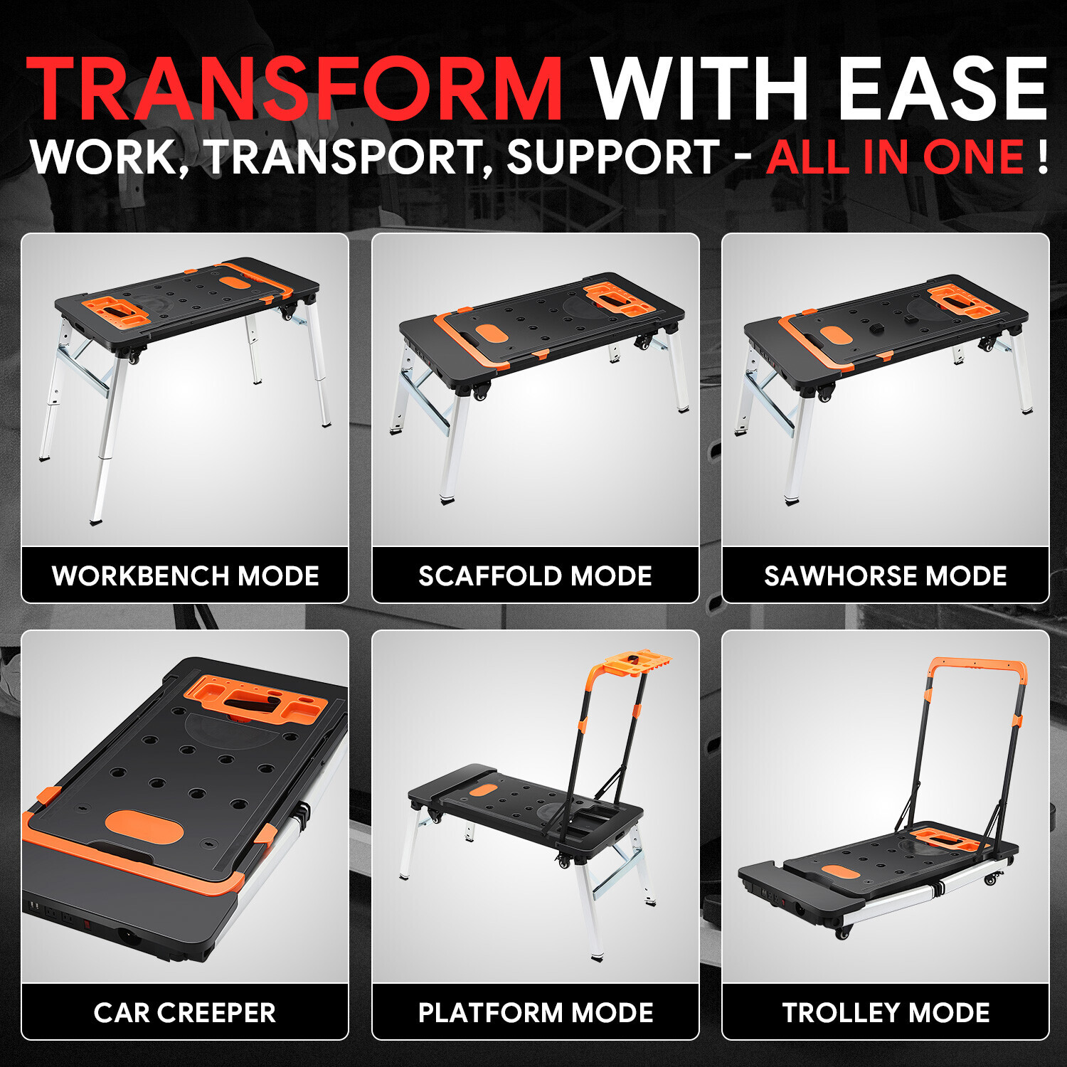 220 LBS 7-In-1 Multifunctioanl Adjustable Foldable Work Bench w/ 4 Wheels Orange