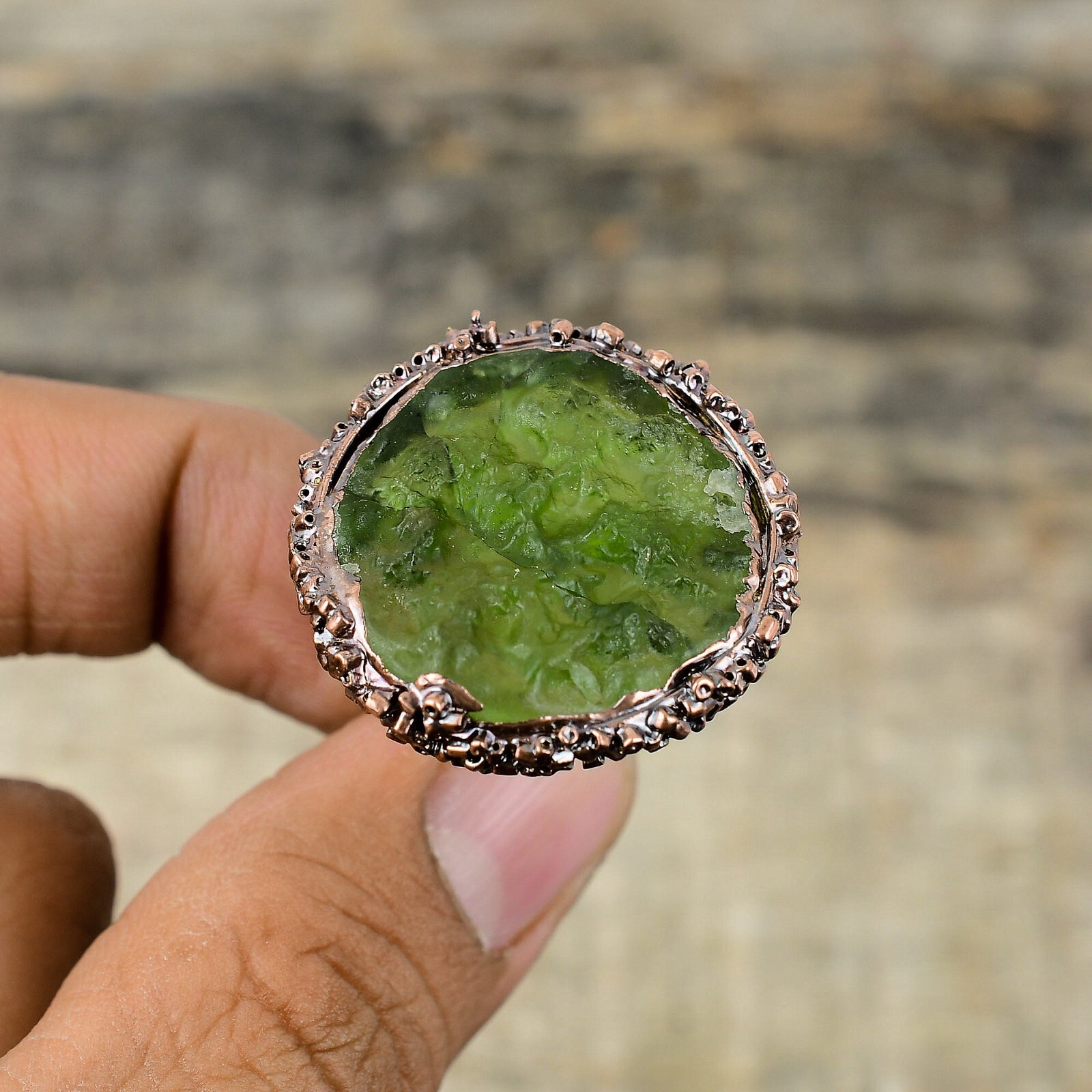 Moldavite Electroformed Solitaire Adjustable Ring Size Adjustable Copper