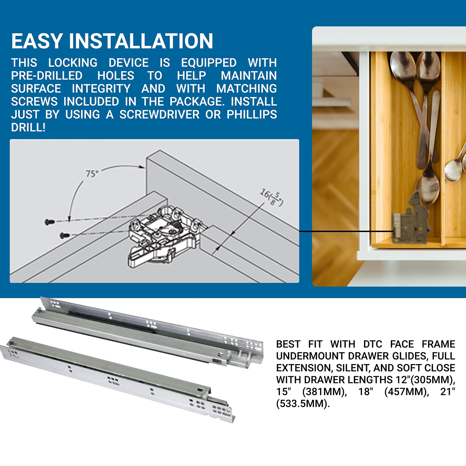 Pair Of Undermount Drawer Slide Plastic Front Locking Device Grey With Screws In