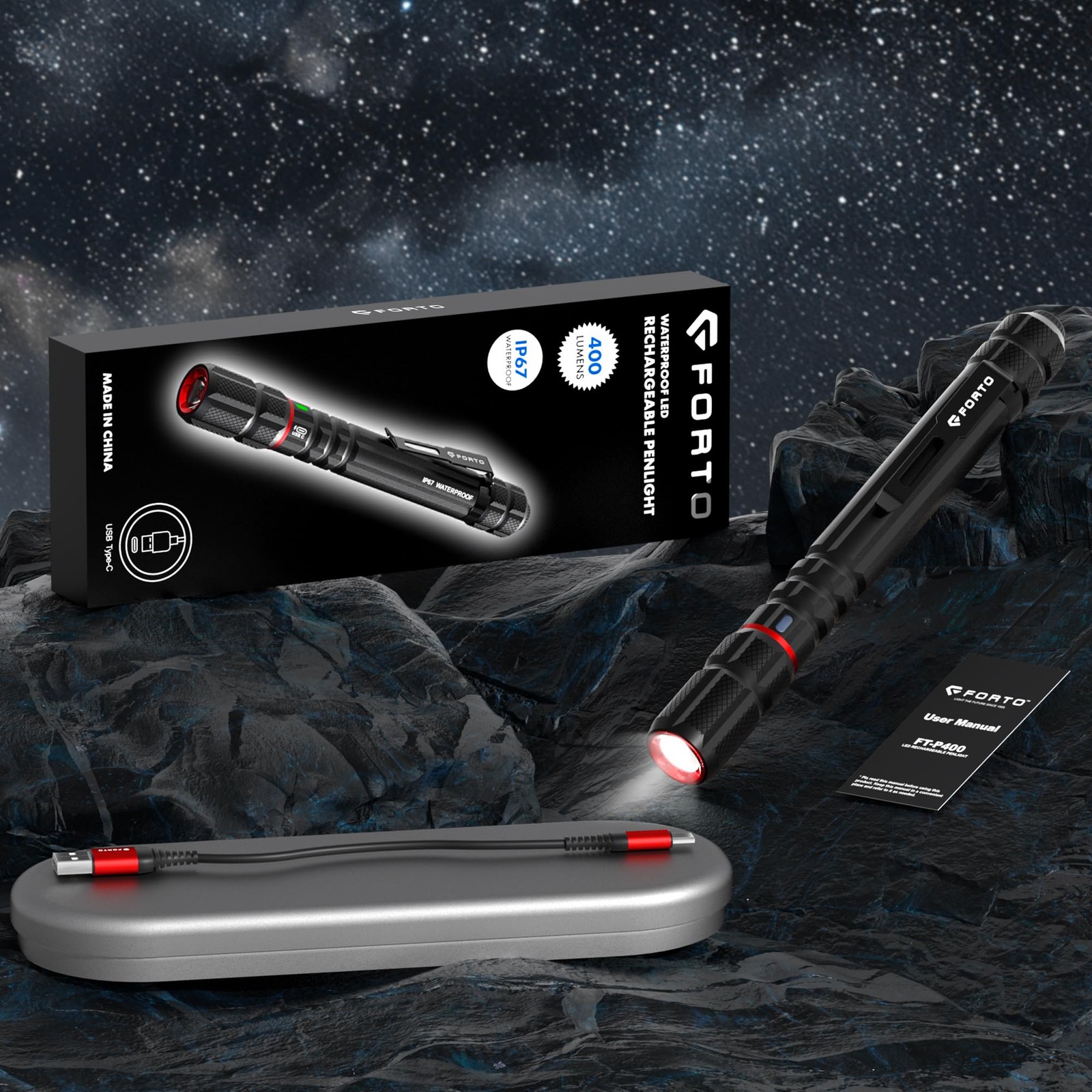 FORTO Rechargeable Pen Light Flashlight 400 Lumens Small Pocket Flashlight