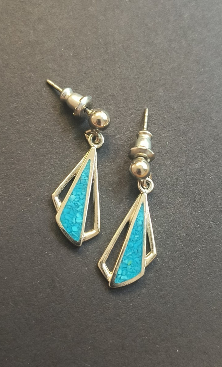 Turquoise & Silvertone Dangle Drop Earrings, VTG Western Style, 1980s