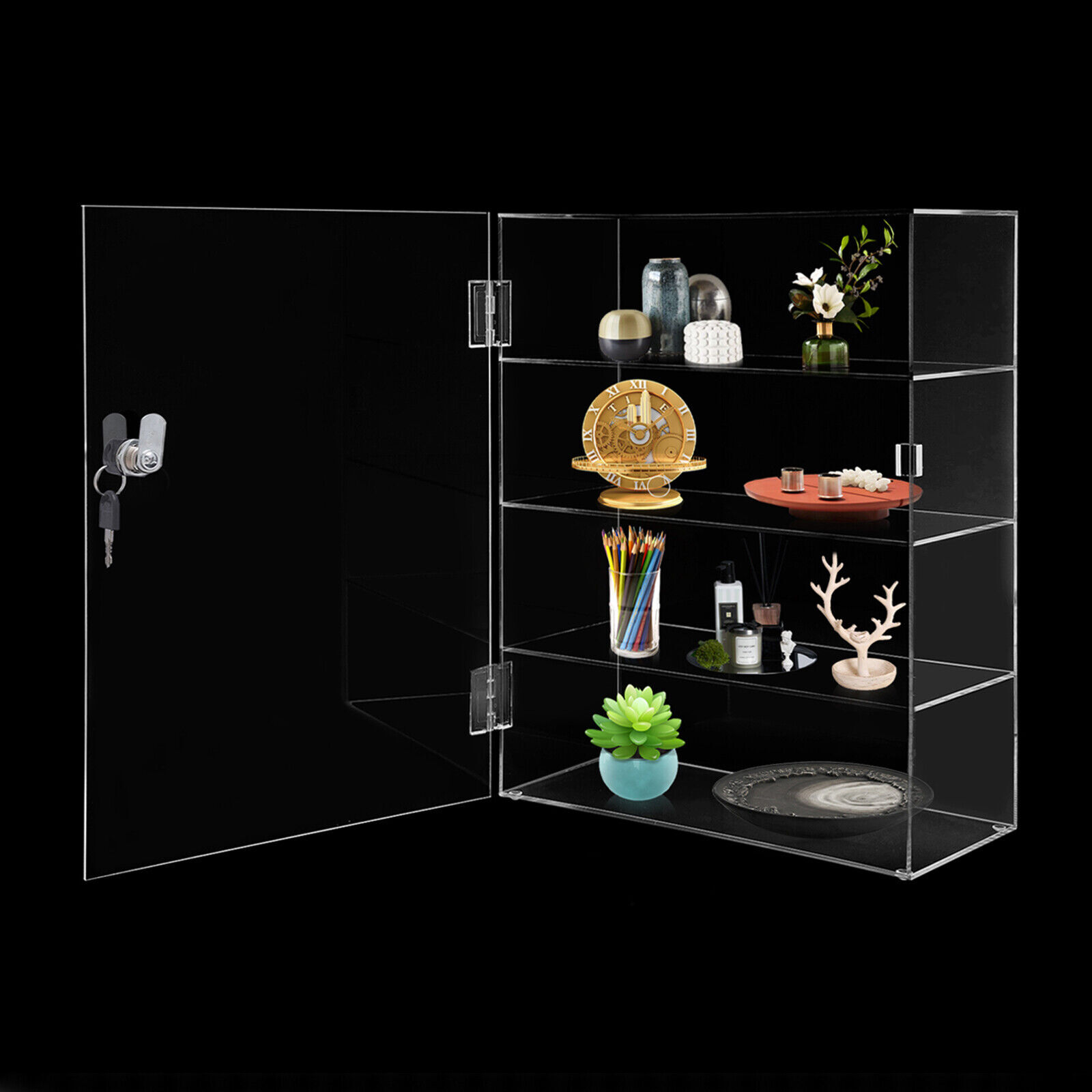 4-Layer Clear Acrylic Display Case 30 × 15 × 40 cm Lockable Countertop Showcase