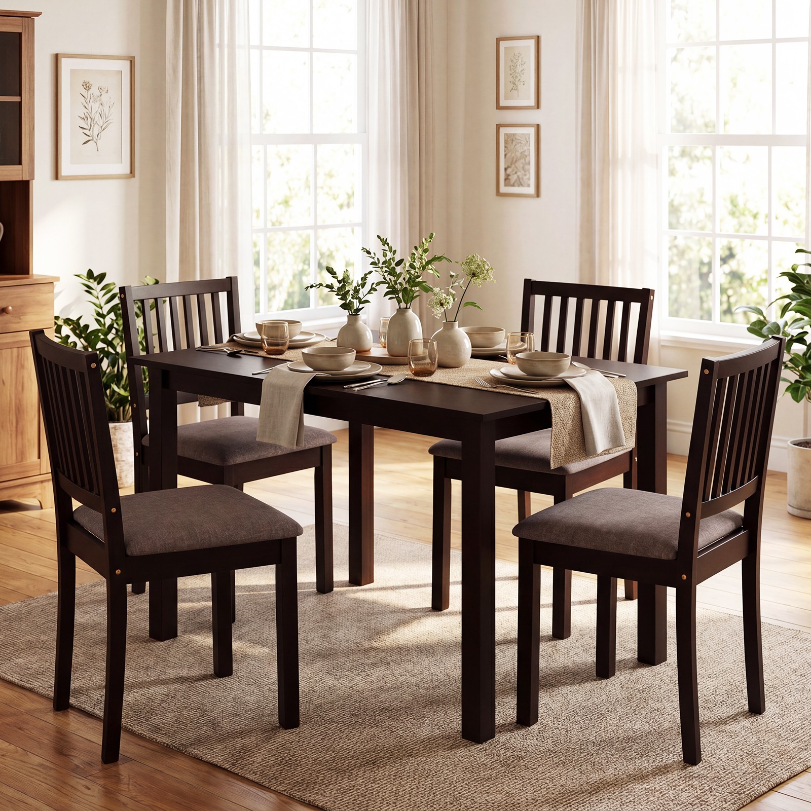 5-Piece Dining Table Set, Rectangular Kitchen Table with Upholstered Chairs