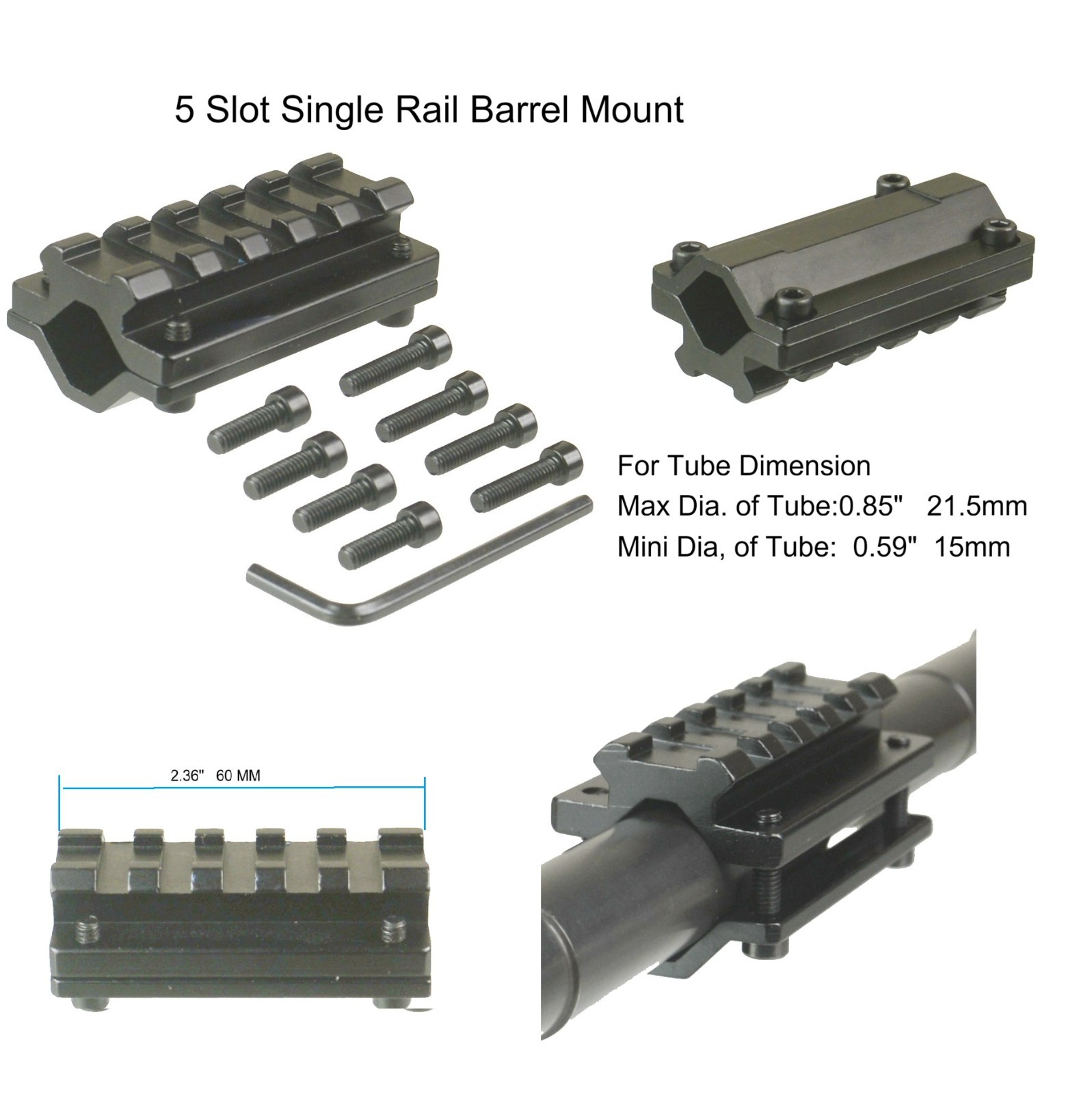 Aluminum Universal Single 5 Slots Rail Barrel Mount For Tube Dia.0.59"-0.85"