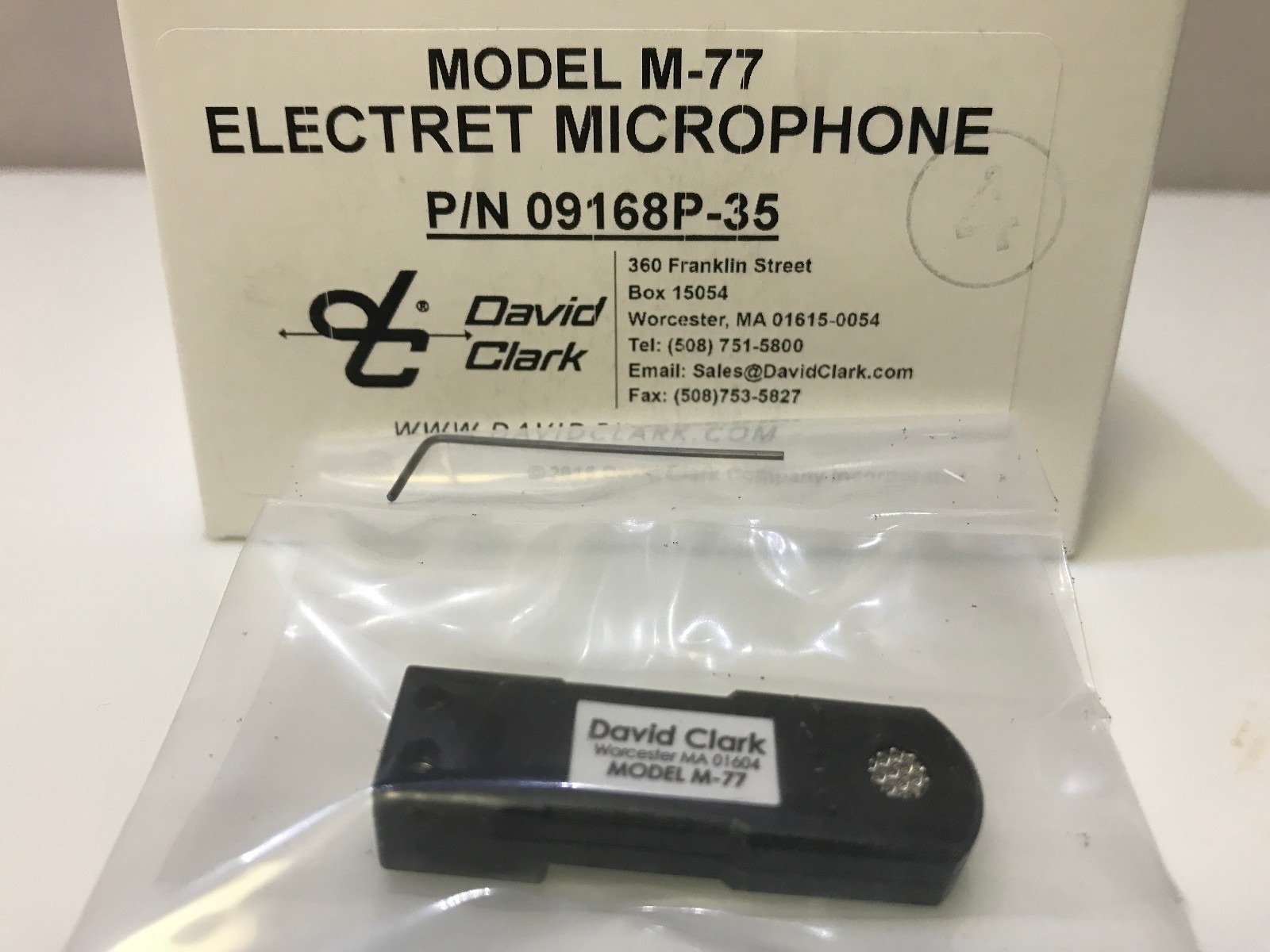 ORIGINAL DAVID CLARK MODEL M-77 ELECTRET  MICROPHONE p/n 09168P-35 Auth. Dealer