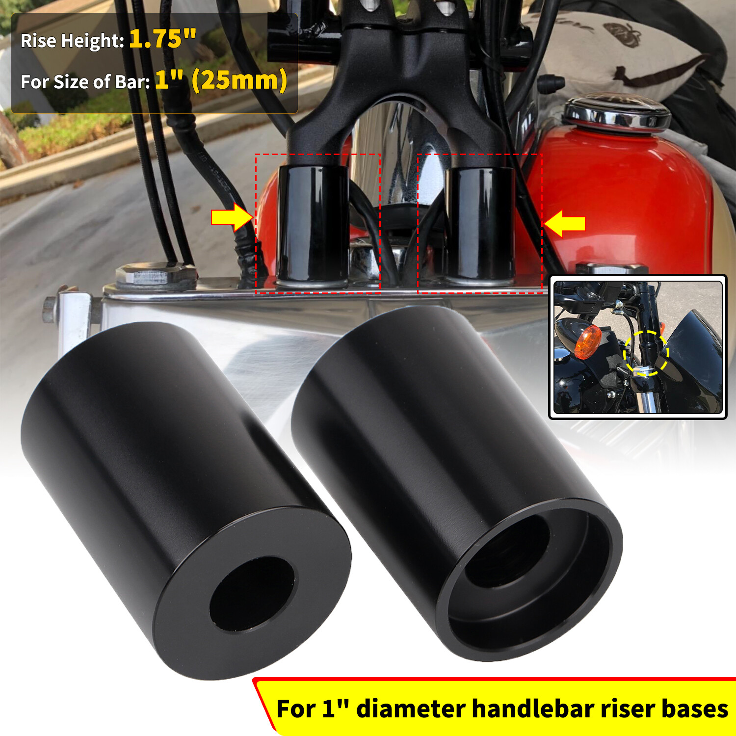 1.75" Black Riser Extensions For Harley Dyna Softail Sportster 883 1200 1" Bars