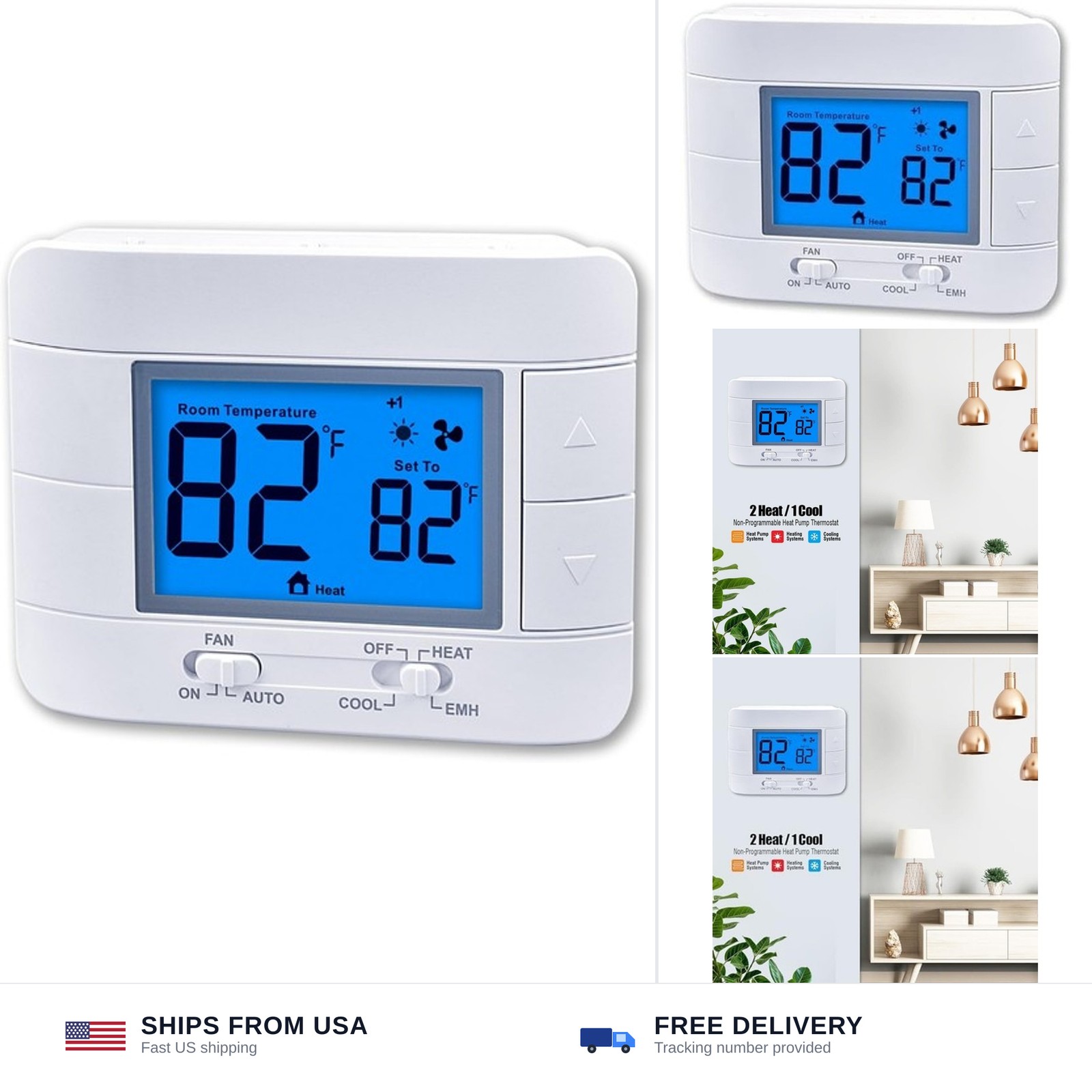 Thermostat Non Programmable Heat Pump Thermostat for House 2H/1C, with Large ...