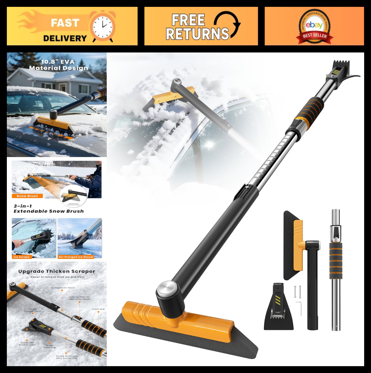 Extendable 43.7" Ice Scraper & Snow Brush for Car Windshield - 12 Lengths, Foam