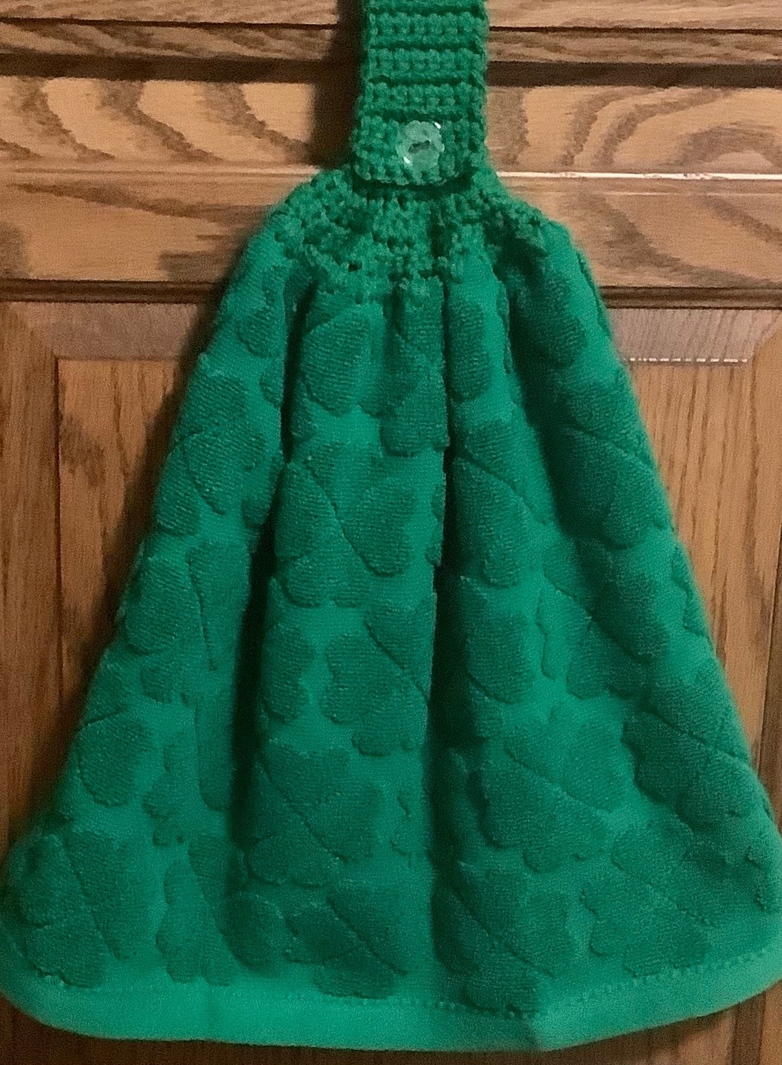 Double hanging kitchen towel St. Pat shamrocks crocheted green top