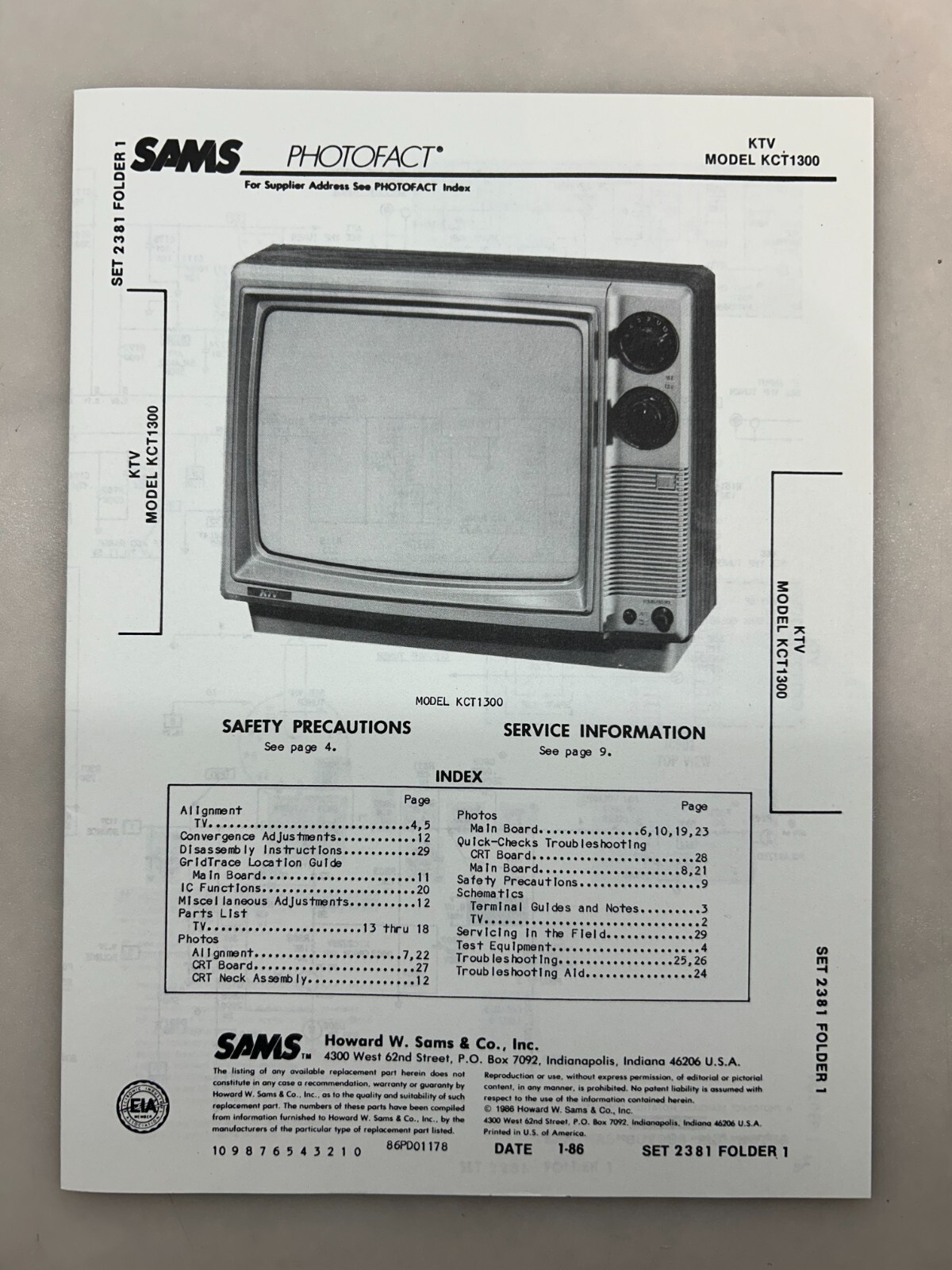 KTV KCT1300 Service Manual Sams Photofact Free Shipping
