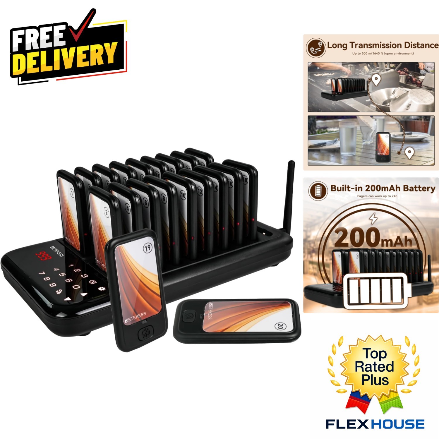 Advanced Restaurant Paging System - 20 Buzzers with Call Records & Mute Option