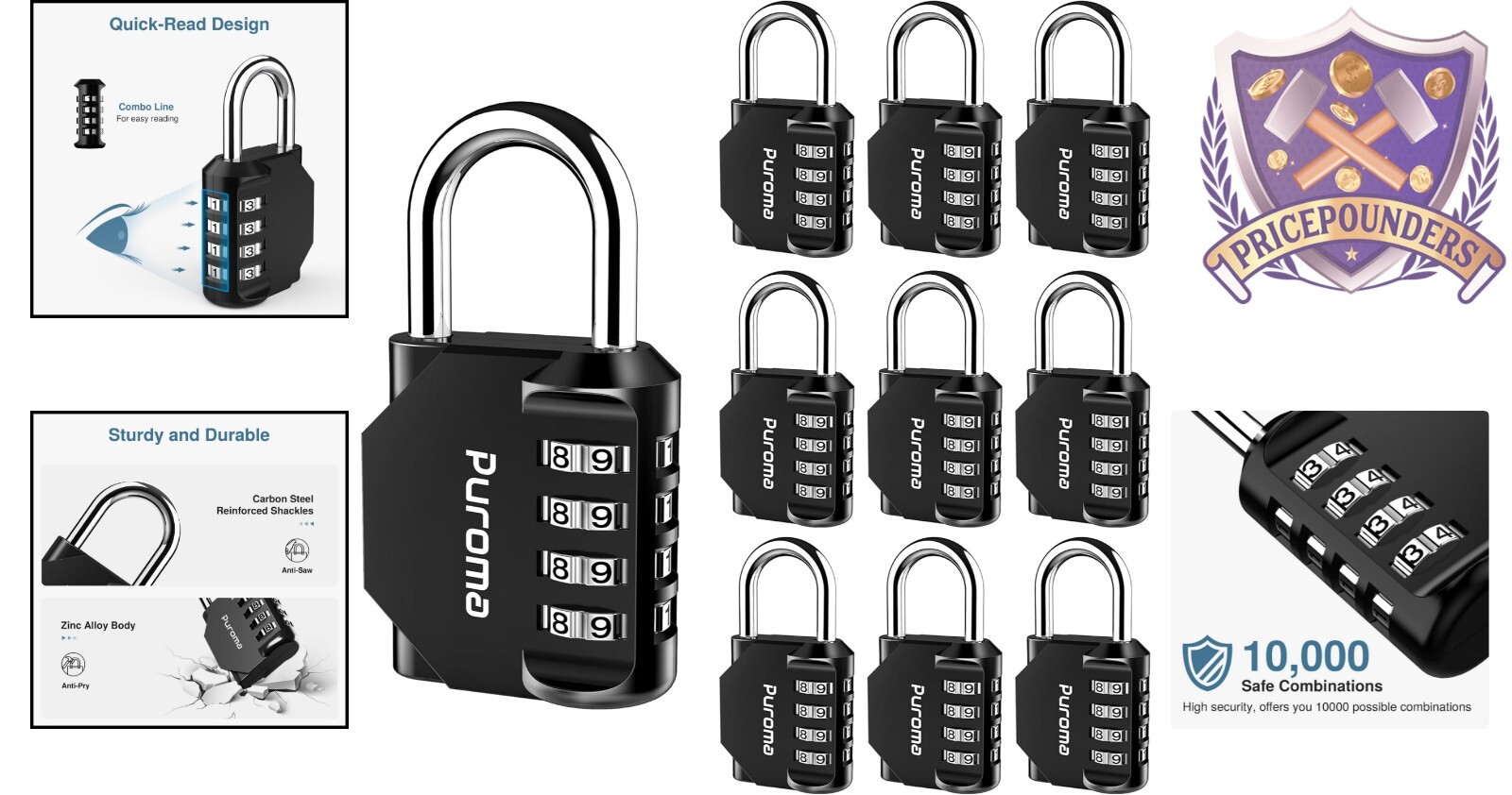 Compact 10 Pack Combination Padlocks - Keyless, Waterproof for Gates & Lockers