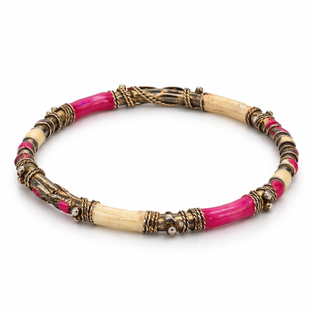 Boho Artisan Wire Wrapped Bangle Bracelet Pink Ivory Enamel Resin Antique...