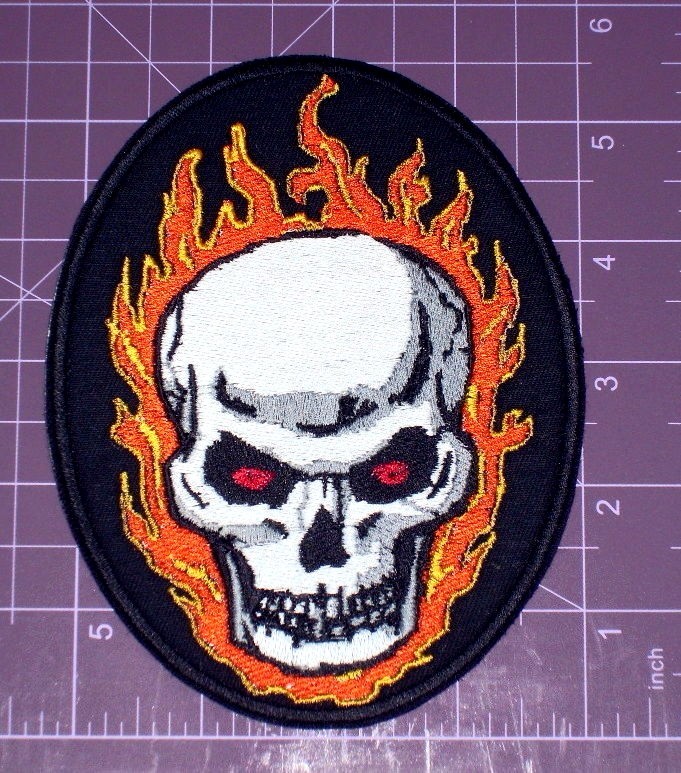 Large Skull with Flames Embroidered Patch 5.5", biker,jacket,vest,outlaw,MC