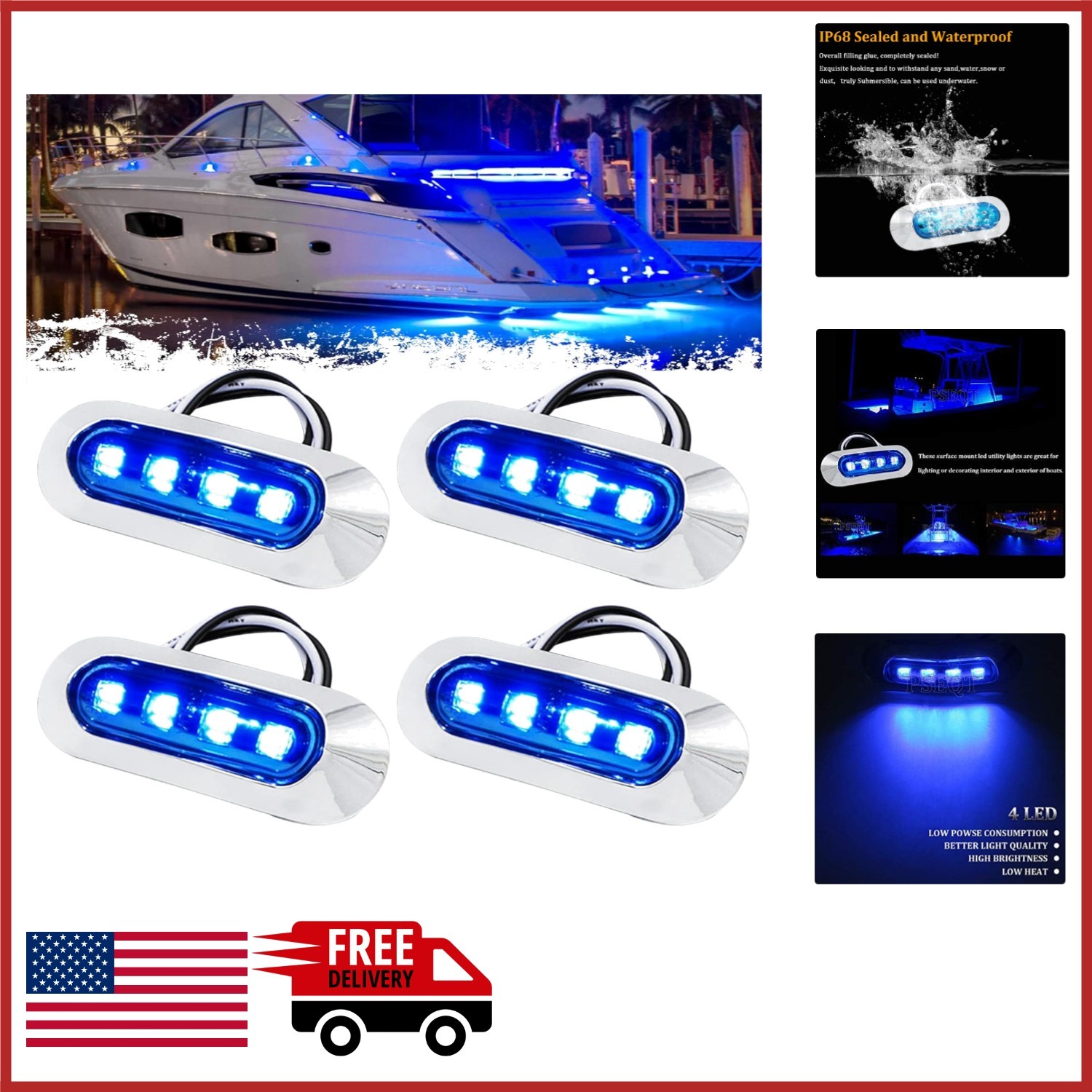 Blue LED Boat Lights for Interior Exterior Deck Transom Lighting 4Pcs Set