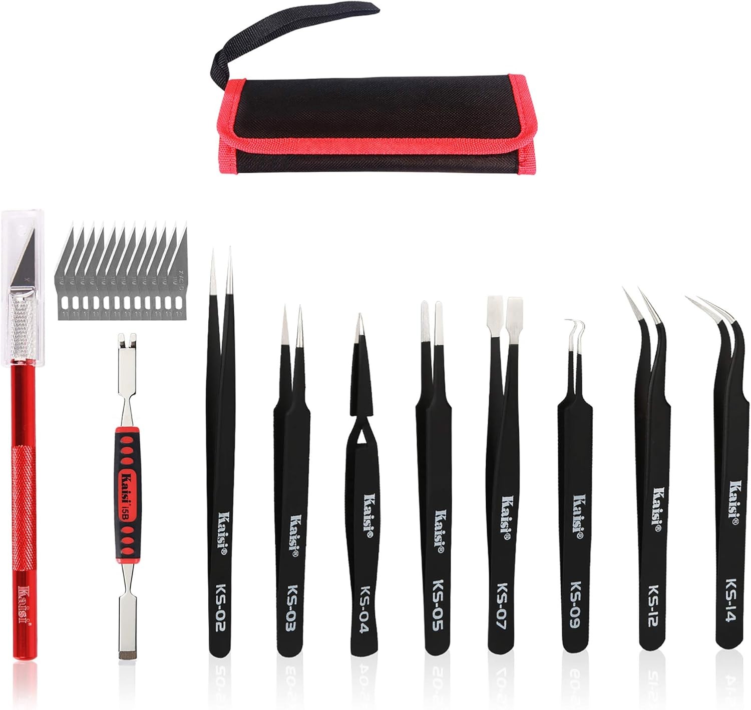 Precision Tweezers Set, Kaisi 10 PCS ESD Tweezer 10 Pcs, Black