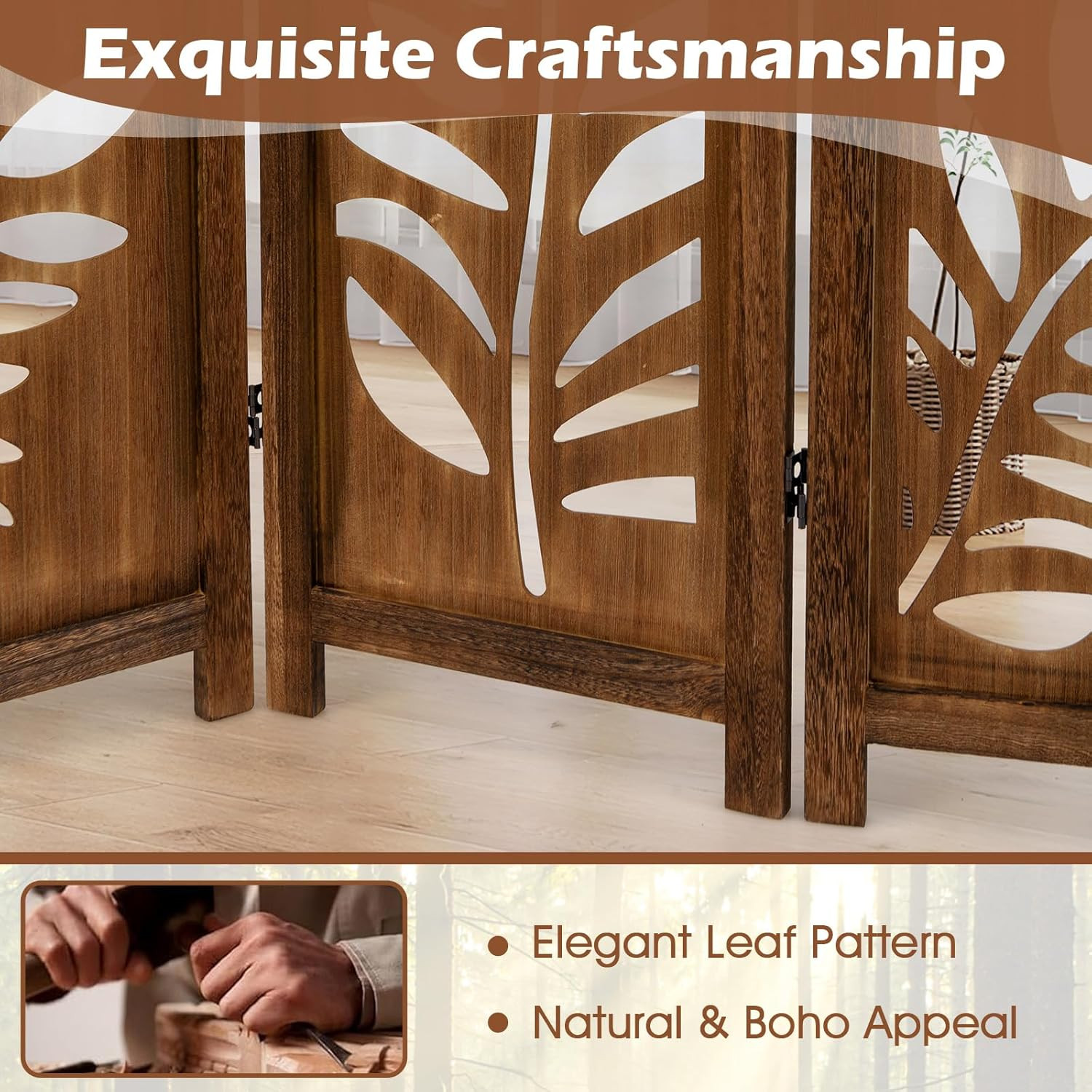 Boho Rustic Room Divider, 6 Panel Carved Leaf Folding Wood Screen, Fully Assembl