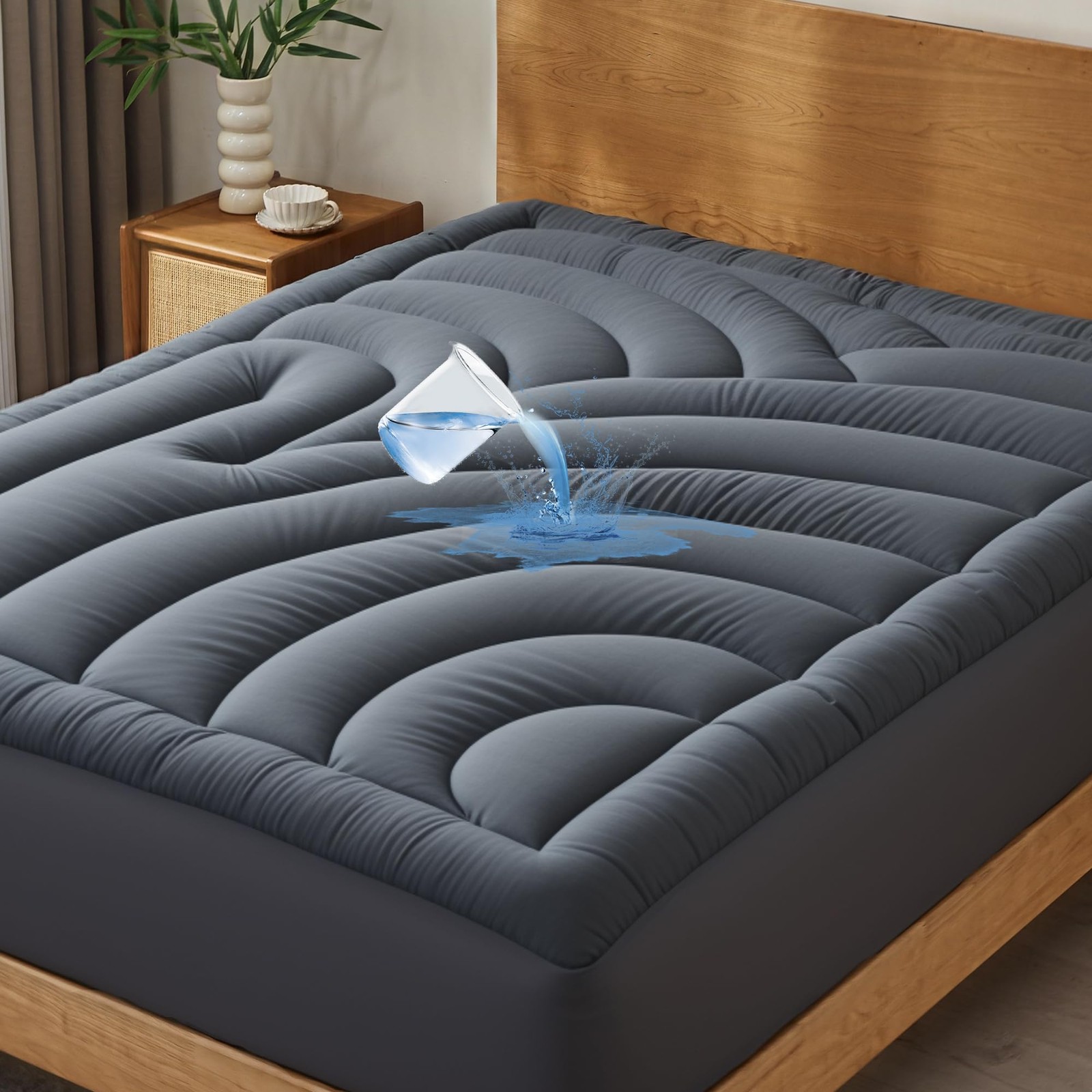 Waterproof Mattress Pad Queen, Quilted Fitted Queen Grey