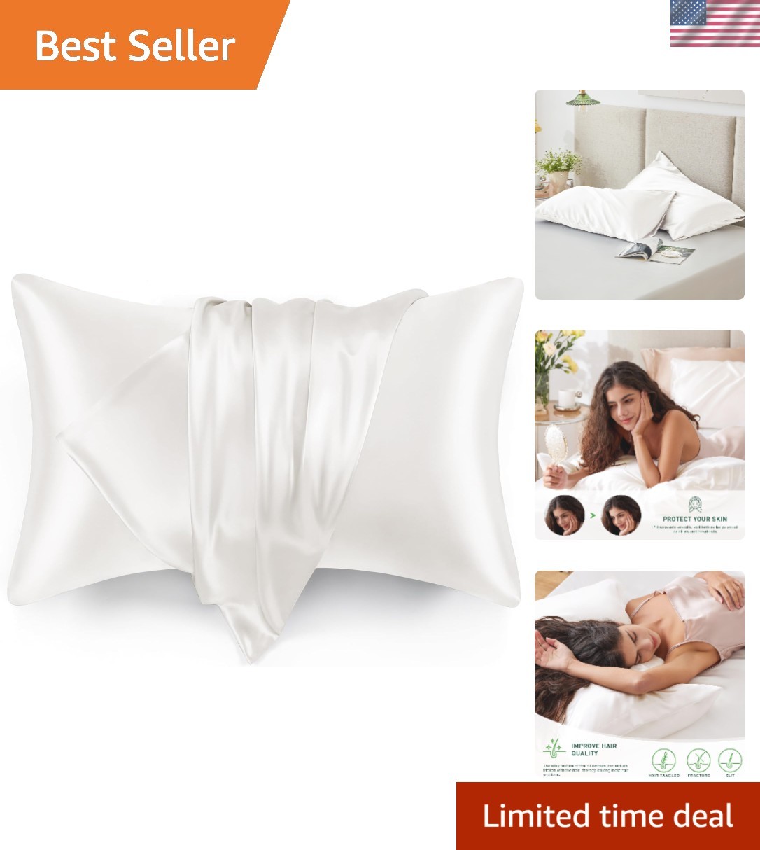 Set of 2 Ivory Satin Pillowcases - Cooling & Smooth for Hair and Skin Protection