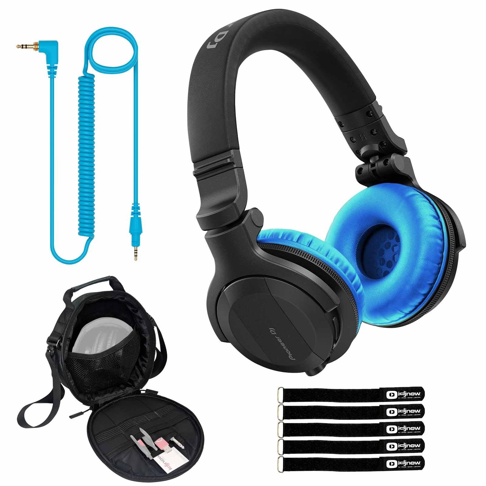 Pioneer DJ HDJ-CUE1BT Black Wireless Bluetooth Headphones, Blue Ear Pads & Case