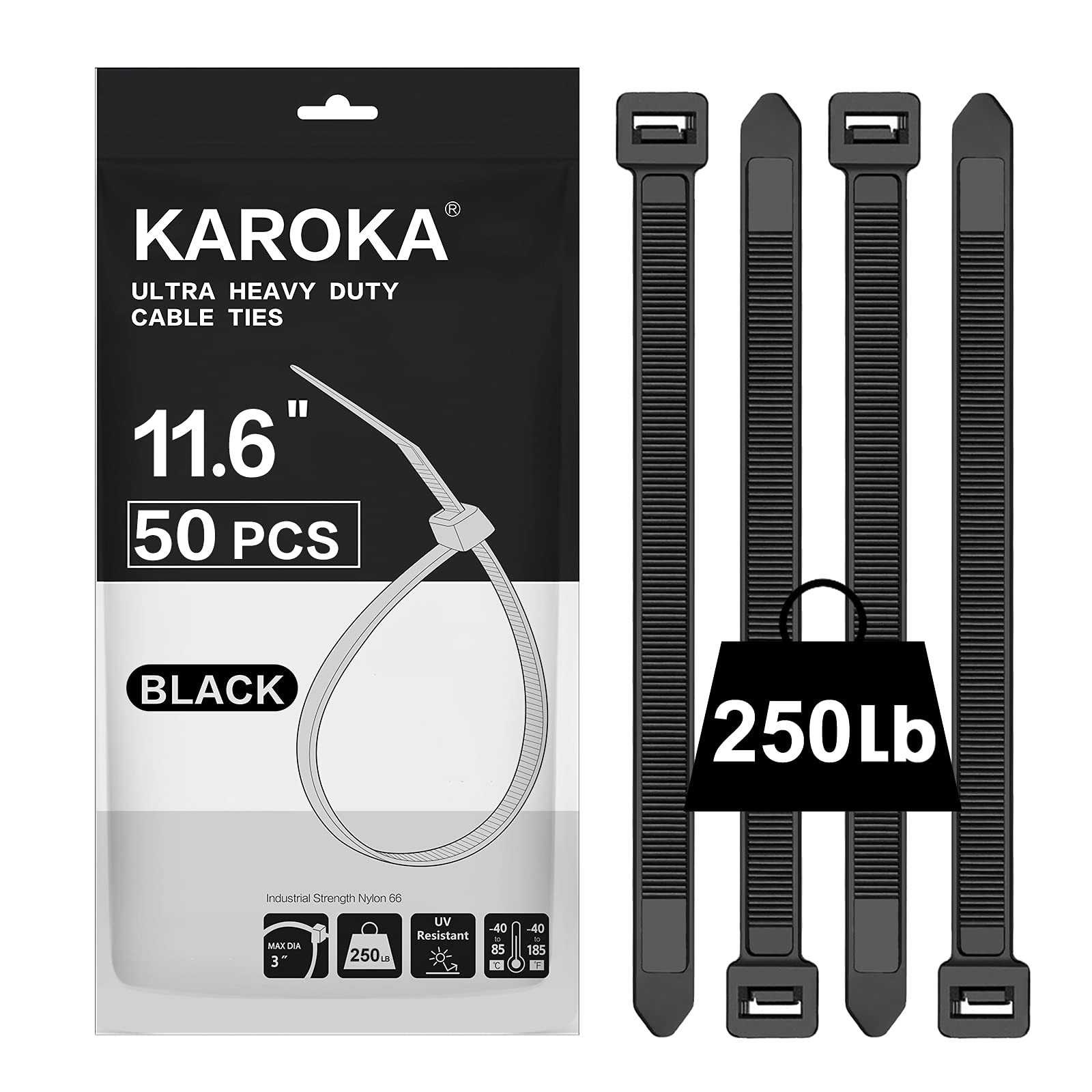 Industrial Zip Ties Heavy Duty with 250 lbs Tensile Strength, 11.6 inch, Elec...