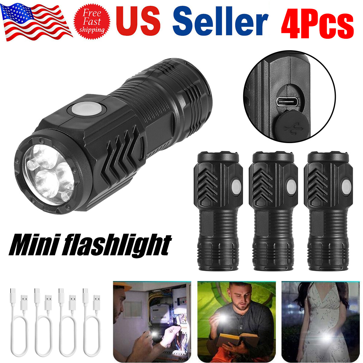 4pcs Mini LED Flashlight Super Bright Waterproof Camping Lamp w/ Tail Magnet
