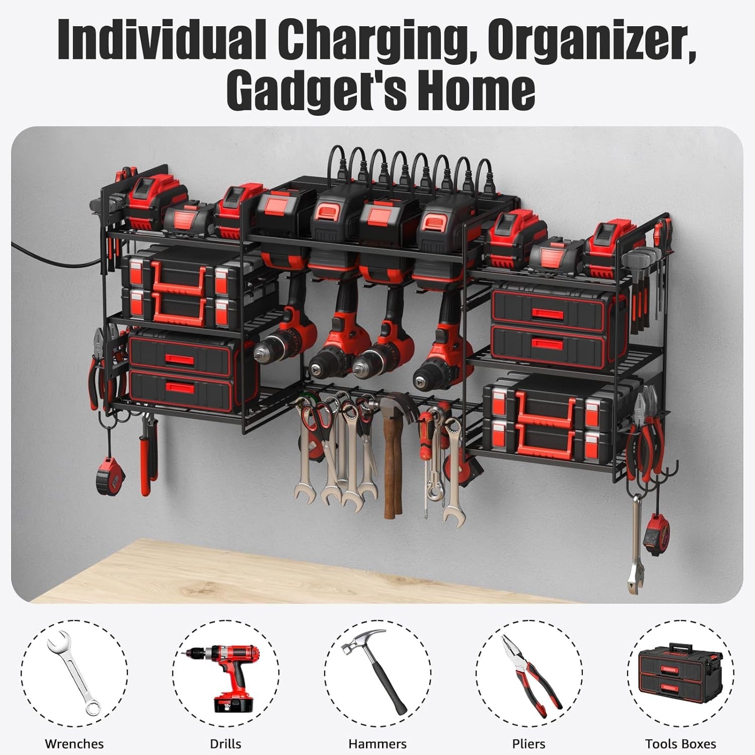 Black Power Tool Organizer Wall Mount, Large Tools and Battery Storage Rack C...