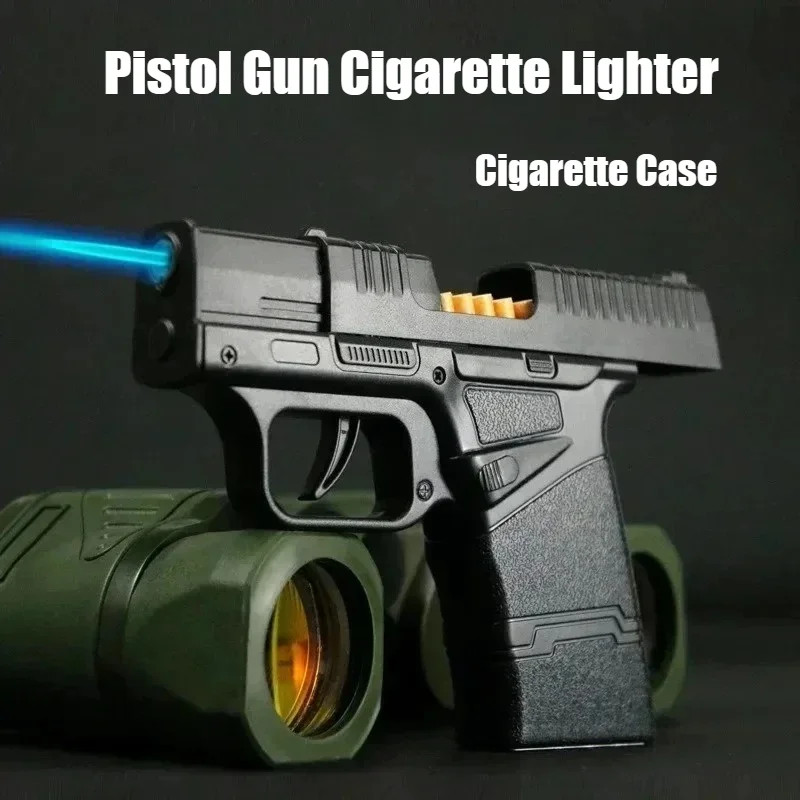 New Cigar Ignifier Gun Lighter & Cigarette Case Butane Inflatable Windproof Blue