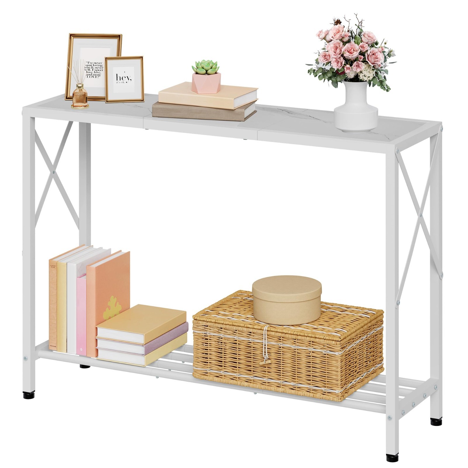 Narrow Console Table 41.8” - 2-Tier Entryway Sofa Table with X-Frame & Shelves,