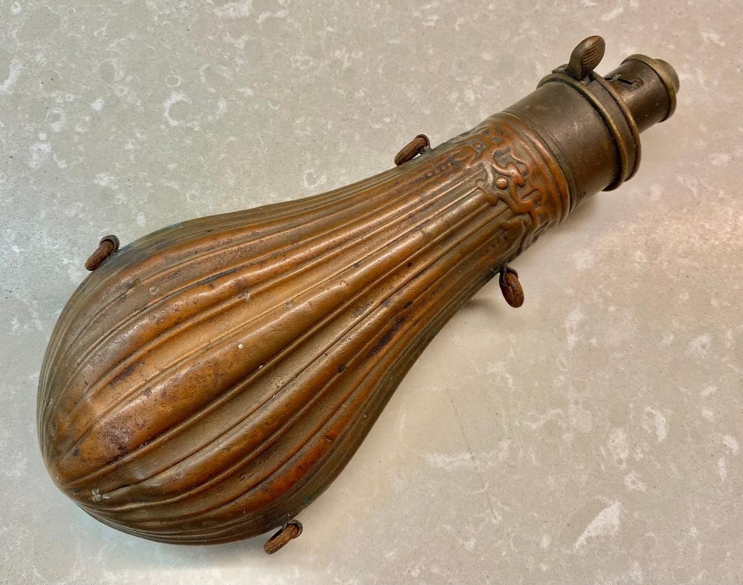 ANTIQUE G. & J. W. HAWKSLEY BRASS & COPPER POWDER FLASK SHEFFIELD, ENGLAND