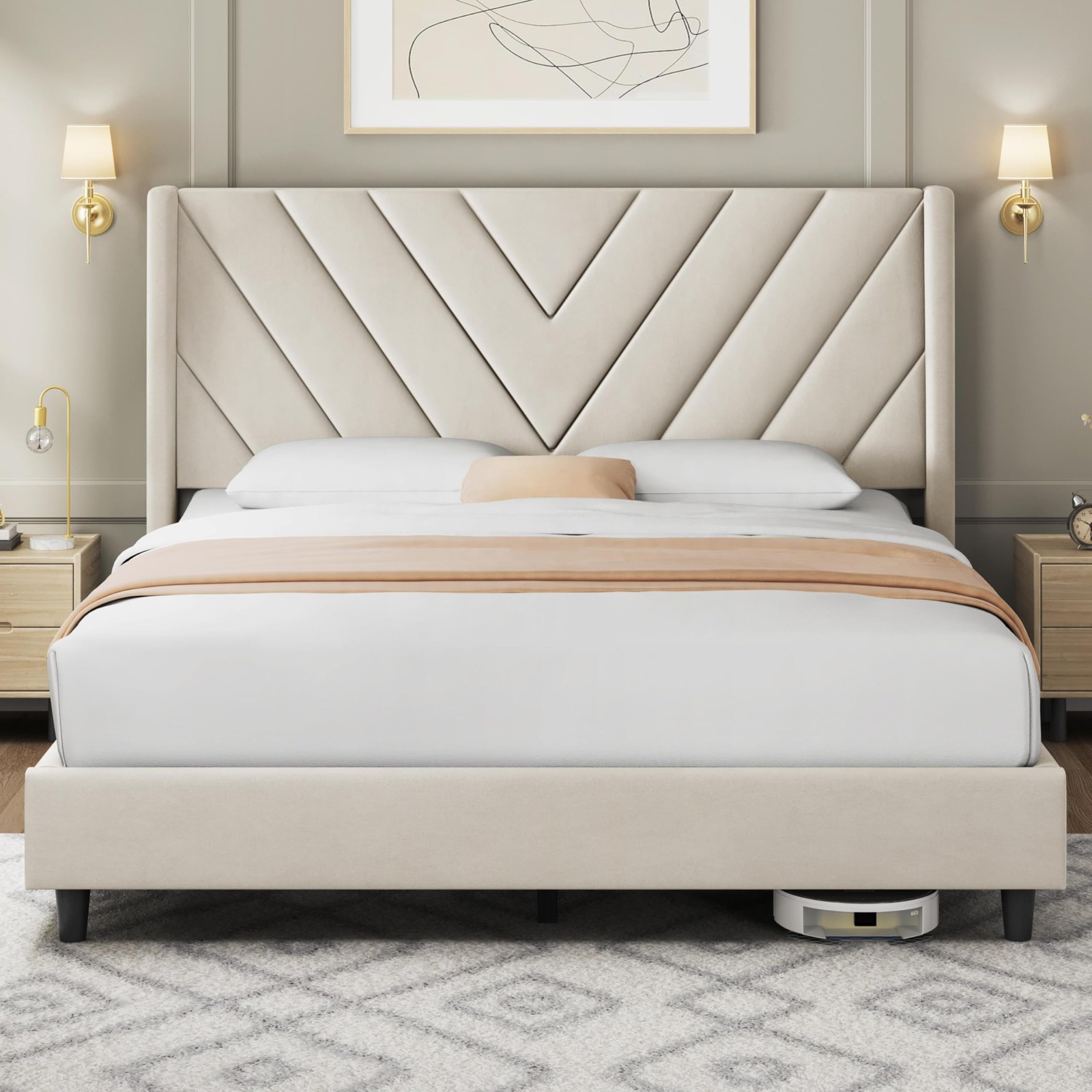 Base De Cama Queen Beige Con Cabecera De Madera Moderna Plataforma En Oferta New