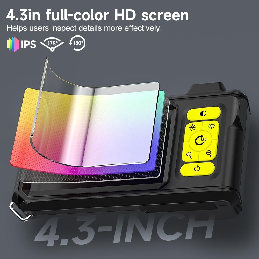 4.3" Inspection Camera with 8 Adjustable LEDs & 360° Hook for Blind Spot Viewing